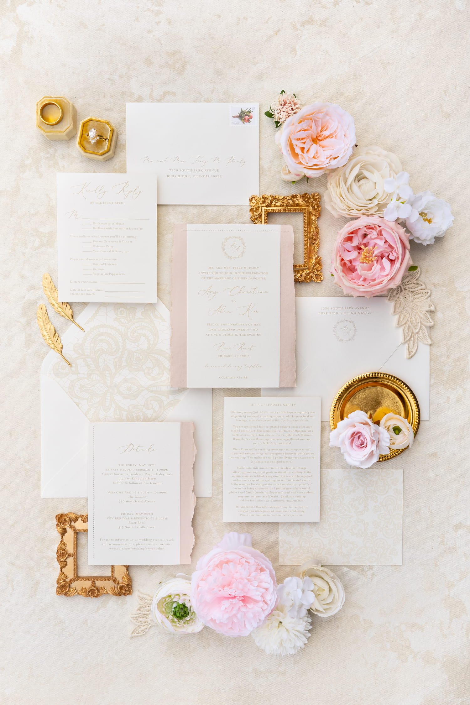 Elegant Chicago wedding invitation suite featuring soft blush and ivory tones, gold foil accents, hand-sewn lace details, and refined nods to both Korean and American traditions.