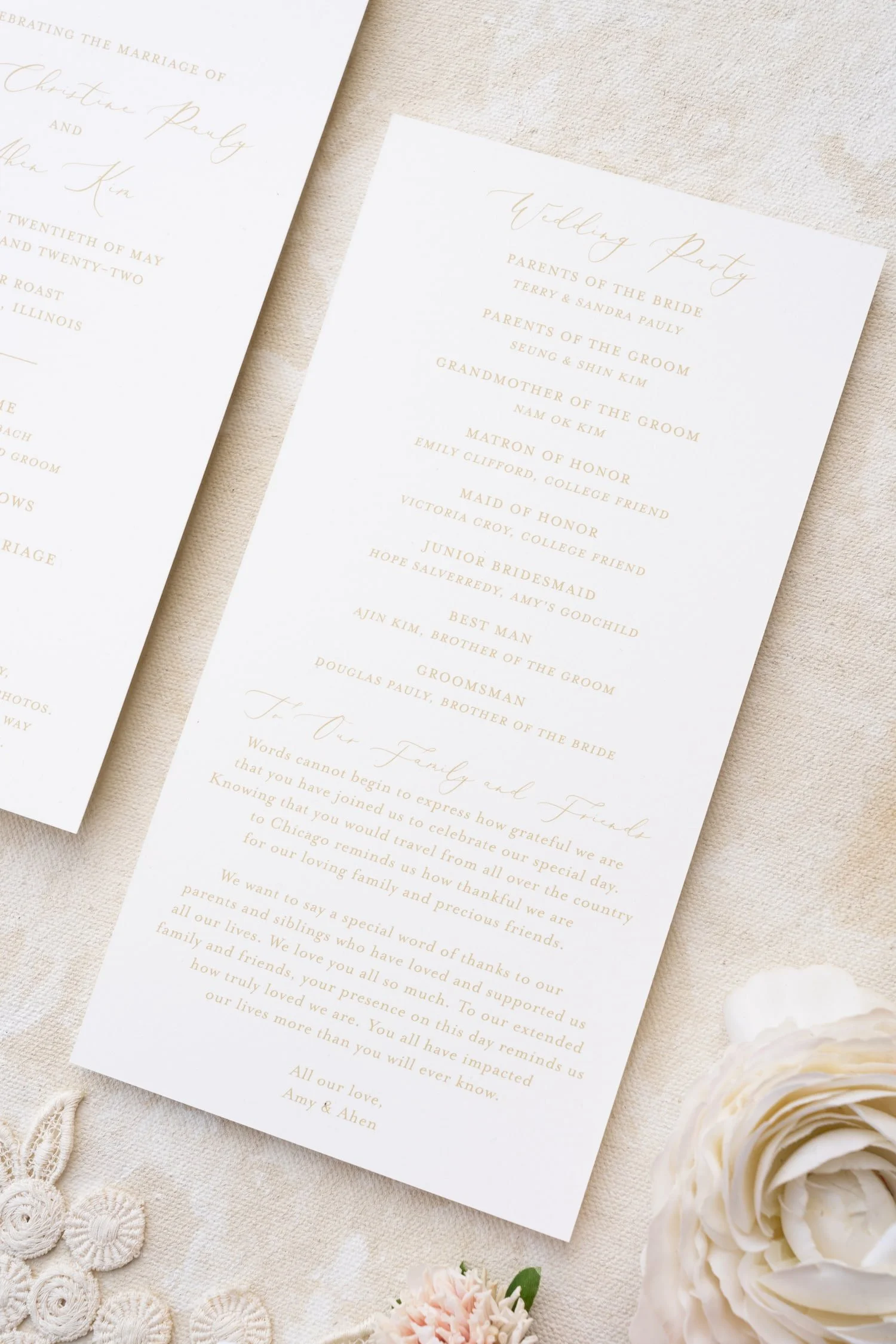 Elegant Chicago wedding invitation suite and wedding programs featuring soft blush and ivory tones, gold foil accents, hand-sewn lace details, and refined nods to both Korean and American traditions.