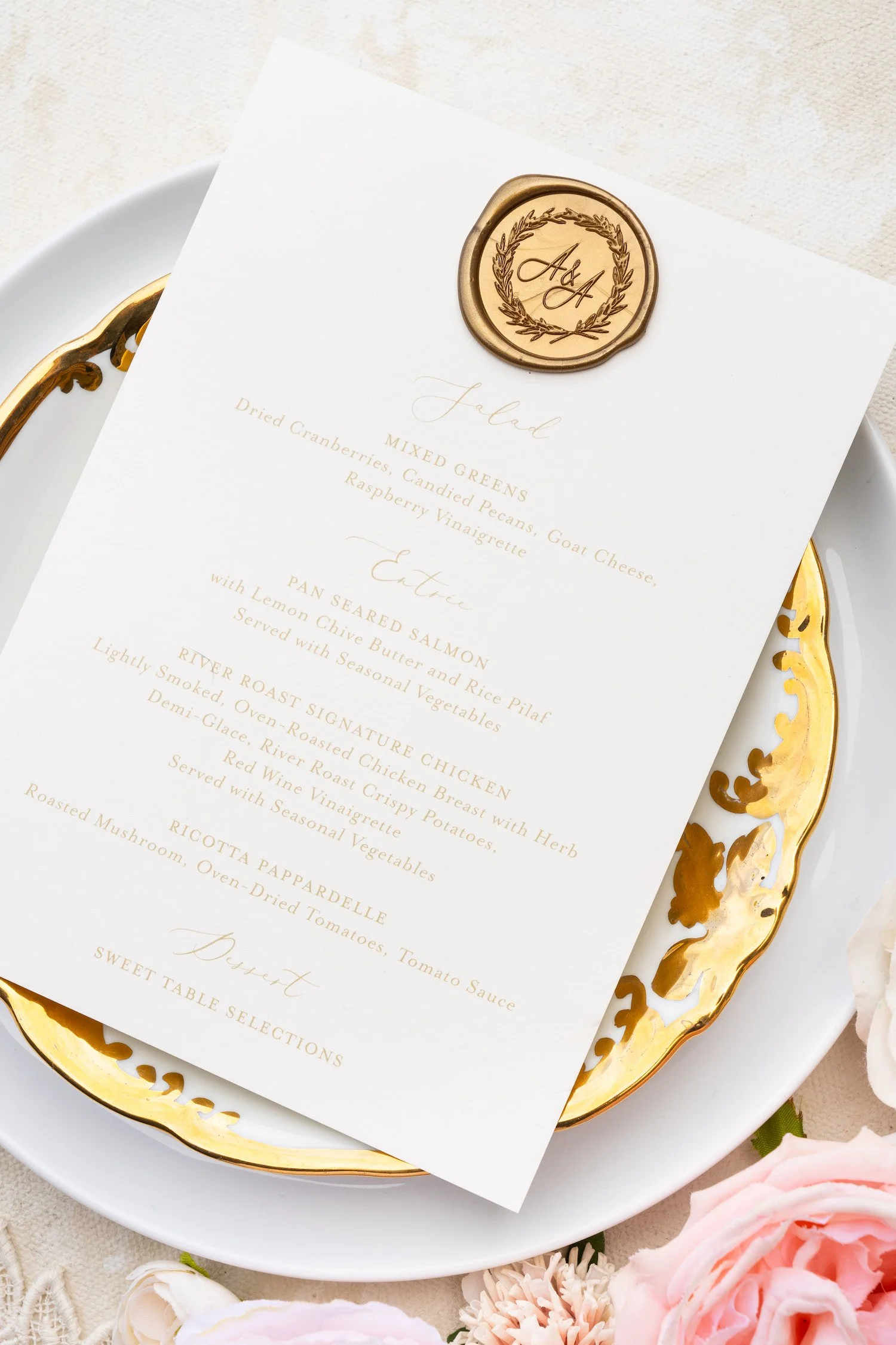Luxury wedding stationery suite in blush, ivory, and gold with delicate lace accents, hand-sewn embellishments, and romantic details created for a Chicago celebration blending Korean and American heritage.