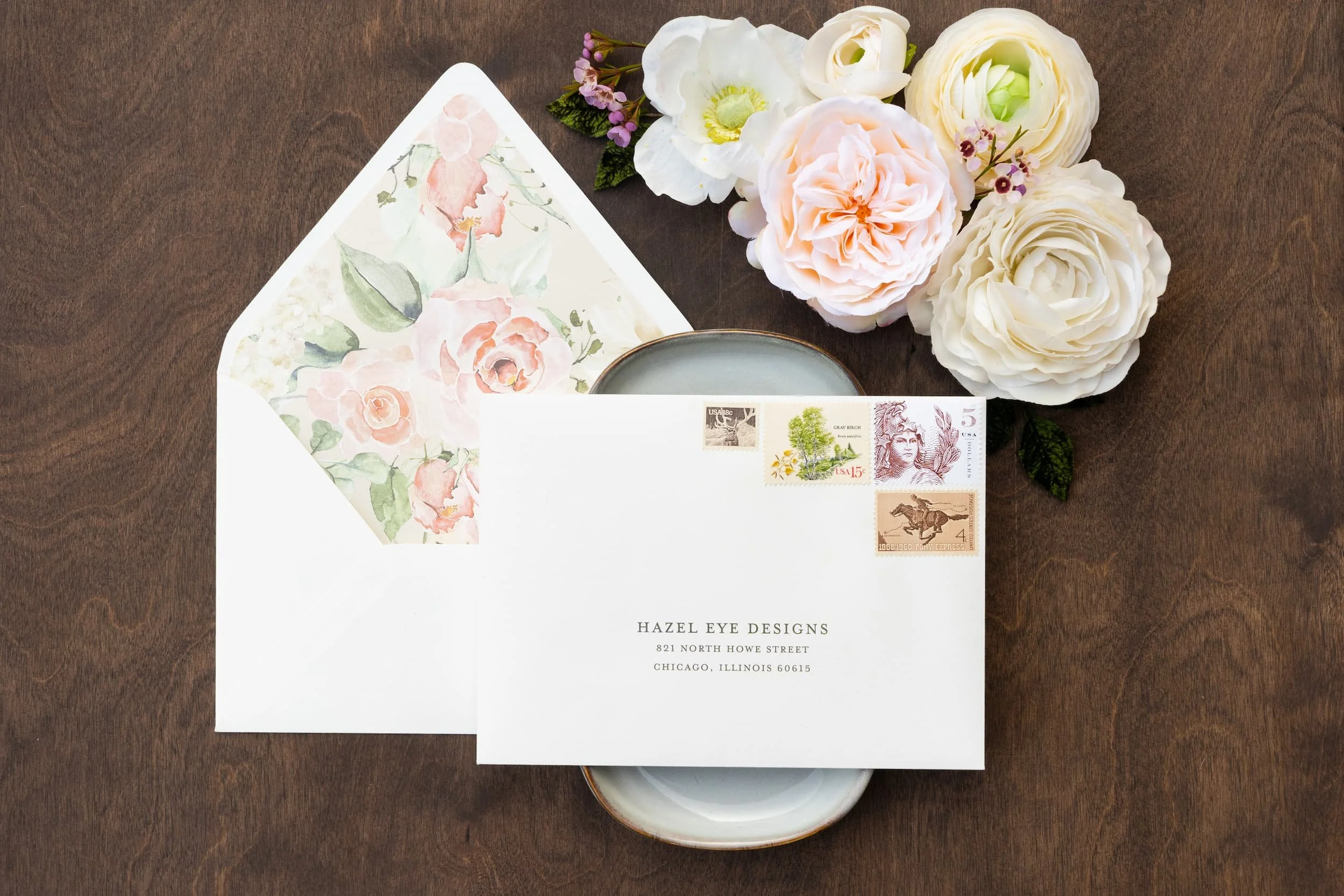 Luxury mountain wedding suite with custom watercolor landscape artwork, blush florals, linen textures, velvet ribbon, and wax seals designed for a romantic Colorado wedding.