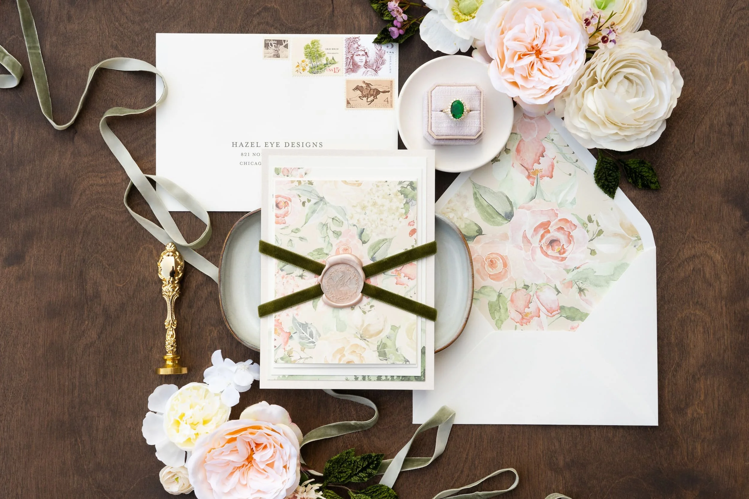 Luxury mountain wedding suite with custom watercolor landscape artwork, blush florals, linen textures, velvet ribbon, and wax seals designed for a romantic Colorado wedding.