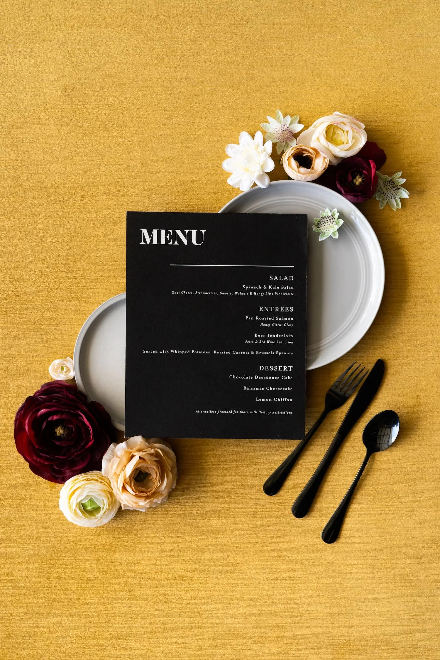 Modern Denver wedding menus with bold typography, plaid envelope liner, foil stamping, and custom monogram postage for an autumn celebration.