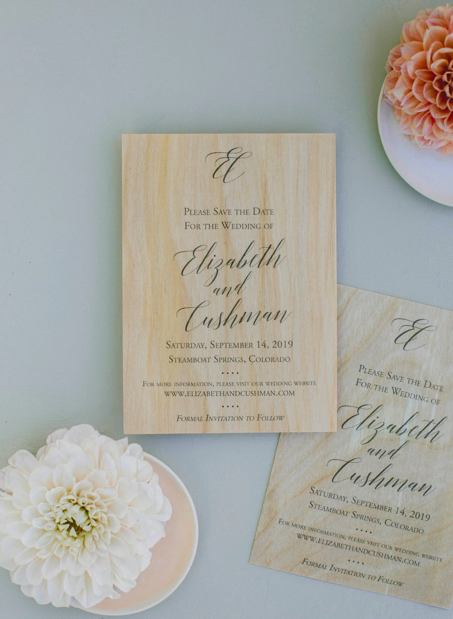 Wood grain save the date featuring elegant typography, inspired by a mountain wedding at a private Colorado residence.