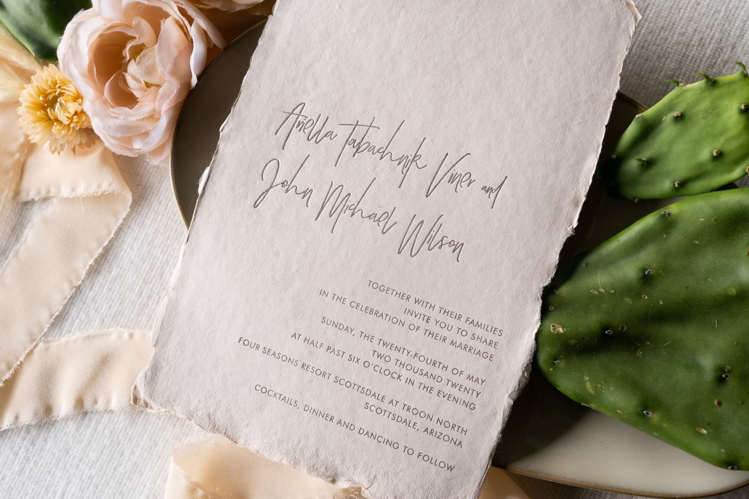 Luxury desert wedding invitation suite letterpressed on handmade paper for a romantic Four Seasons Resort Scottsdale at Troon North celebration inspired by the Arizona landscape.