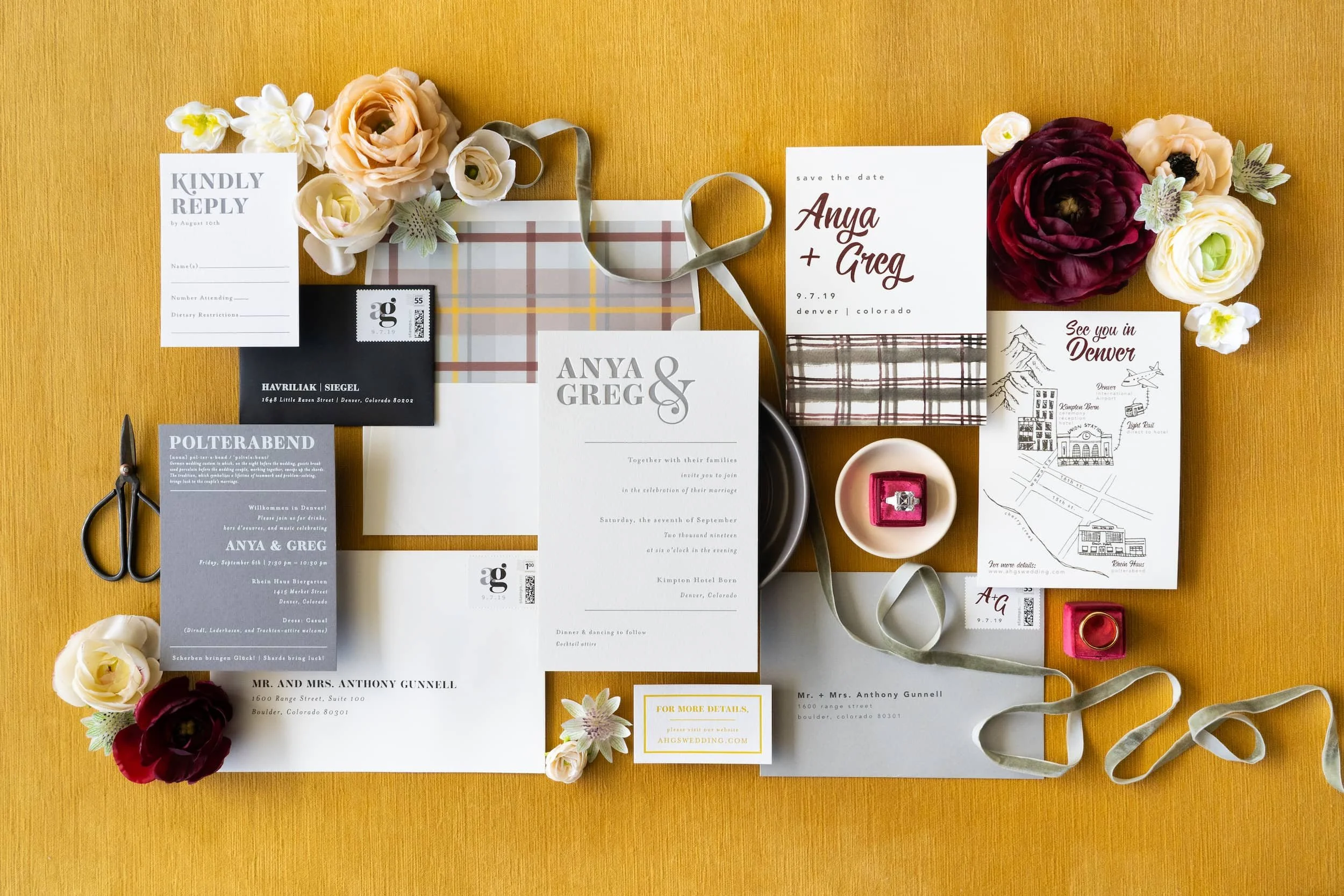 Luxury letterpress and foil wedding invitation suite for a September wedding at Kimpton Hotel Born featuring gray, harvest gold, burgundy, and black-and-white details inspired by the city of Denver.