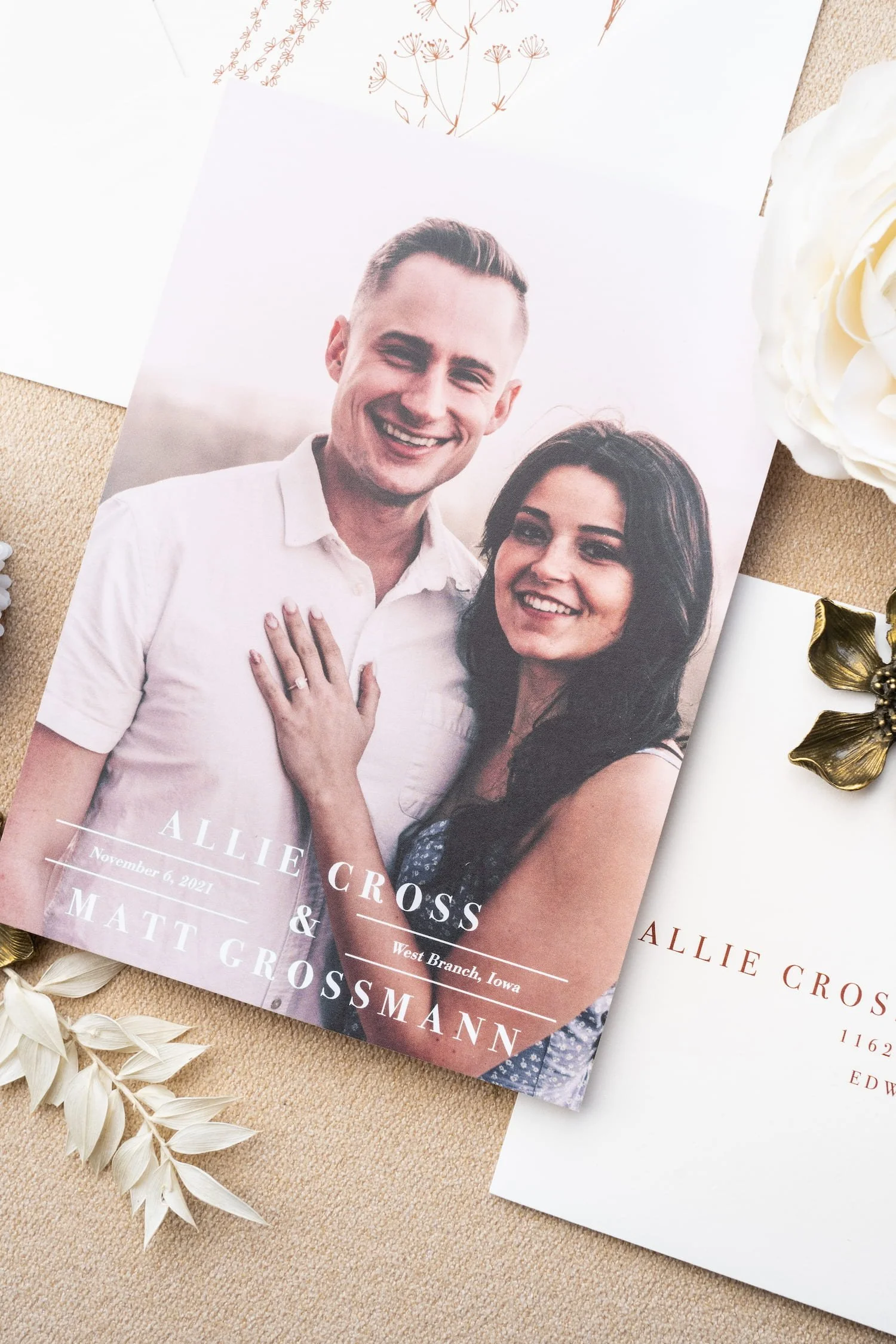 Elegant barn wedding stationery suite with velvet details, soft gray paper, rust accents, and cozy November-inspired fall textures.
