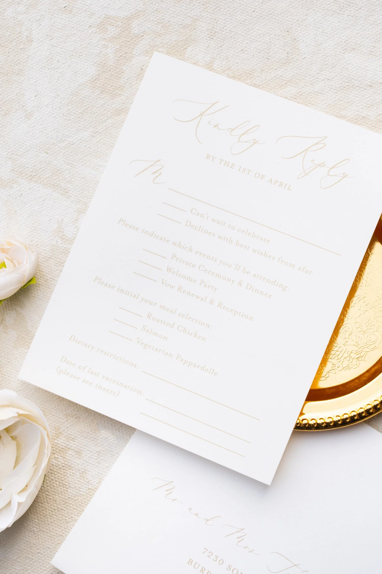 Elegant Chicago wedding invitation suite featuring soft blush and ivory tones, gold foil accents, hand-sewn lace details, and refined nods to both Korean and American traditions.