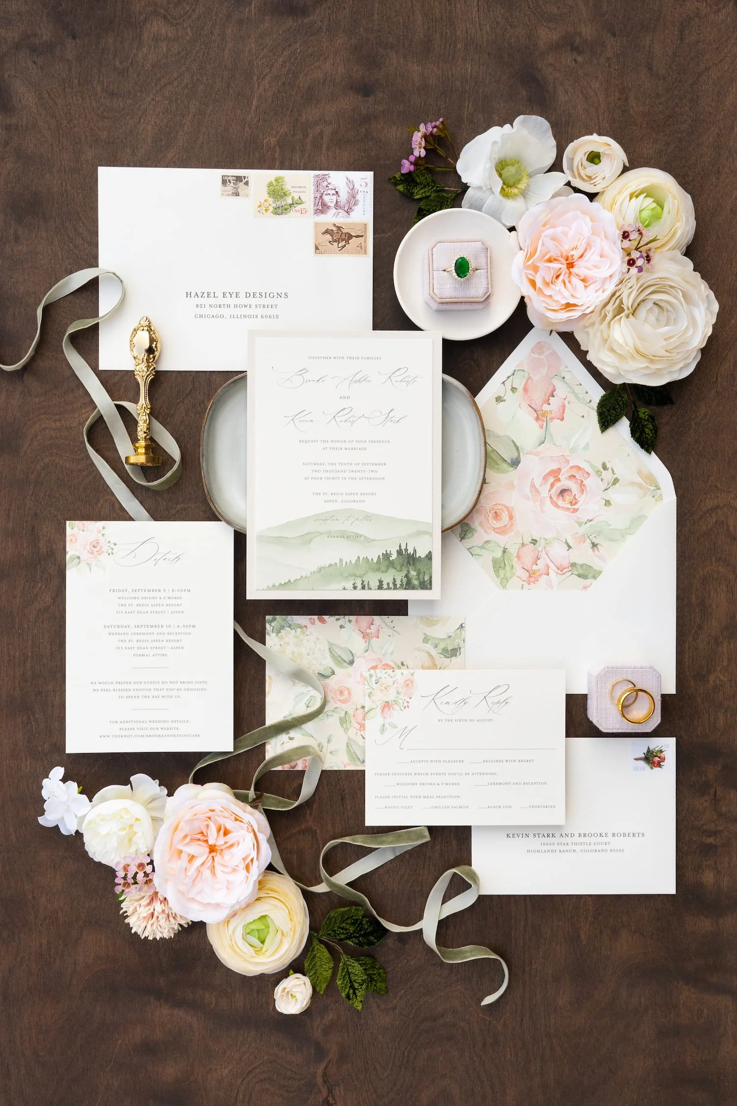 Luxury mountain wedding suite with custom watercolor landscape artwork, blush florals, linen textures, velvet ribbon, and wax seals designed for a romantic Colorado wedding.