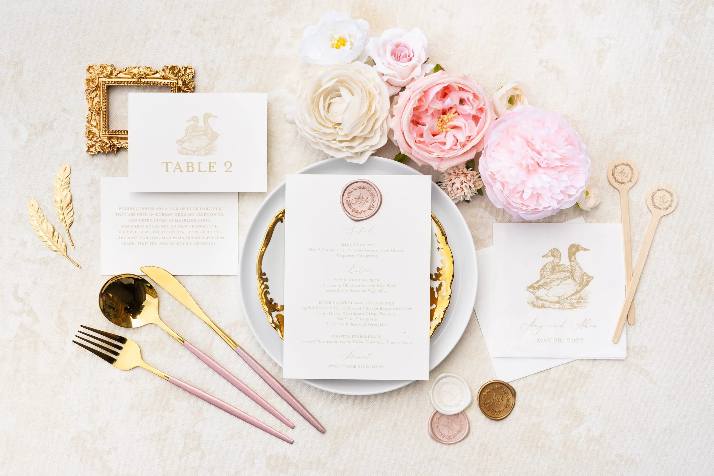 Elegant Chicago wedding invitation suite and wedding day details featuring soft blush and ivory tones, gold foil accents, hand-sewn lace details, and refined nods to both Korean and American traditions.