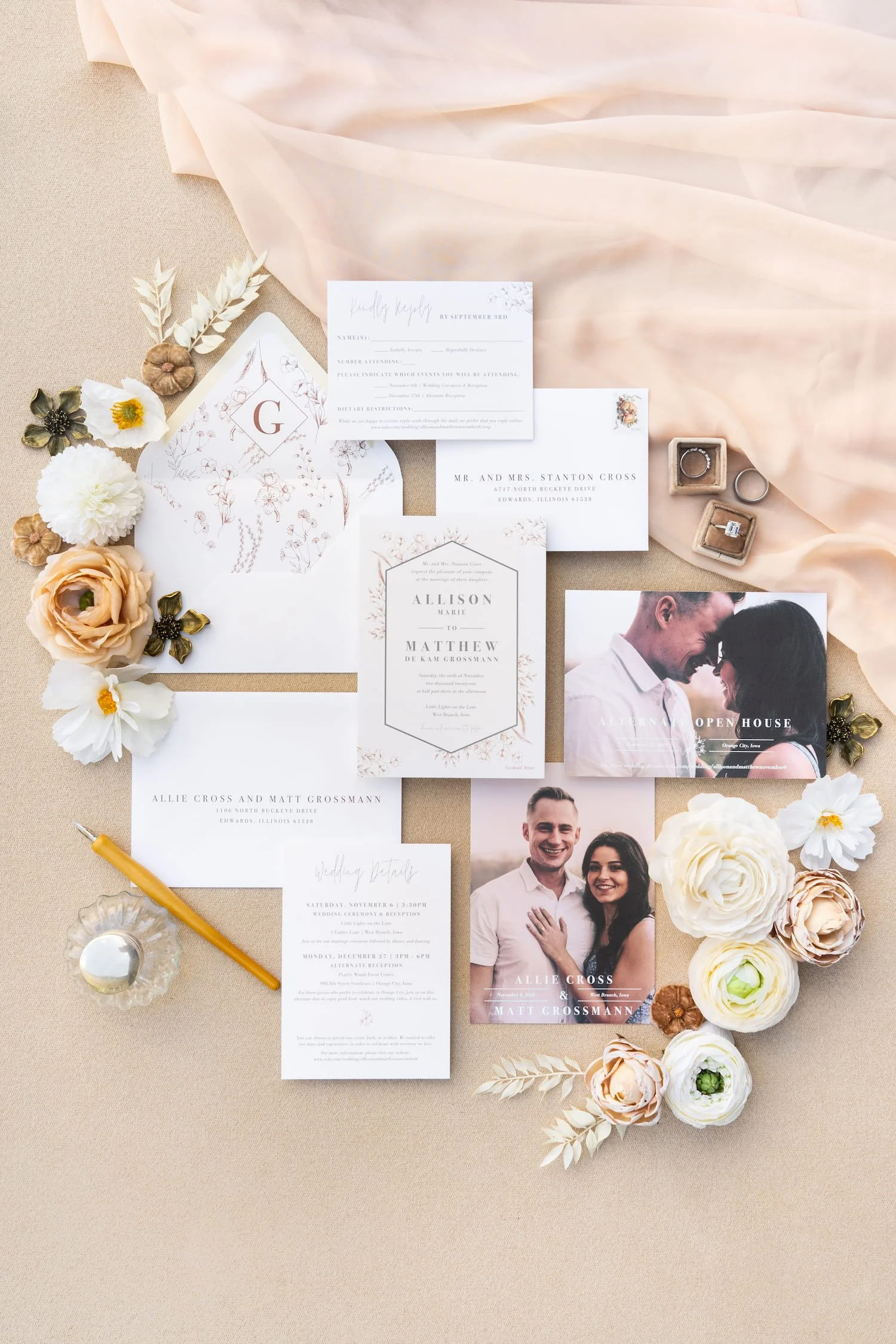 Elegant barn wedding stationery suite with velvet details, soft gray paper, rust accents, and cozy November-inspired fall textures.