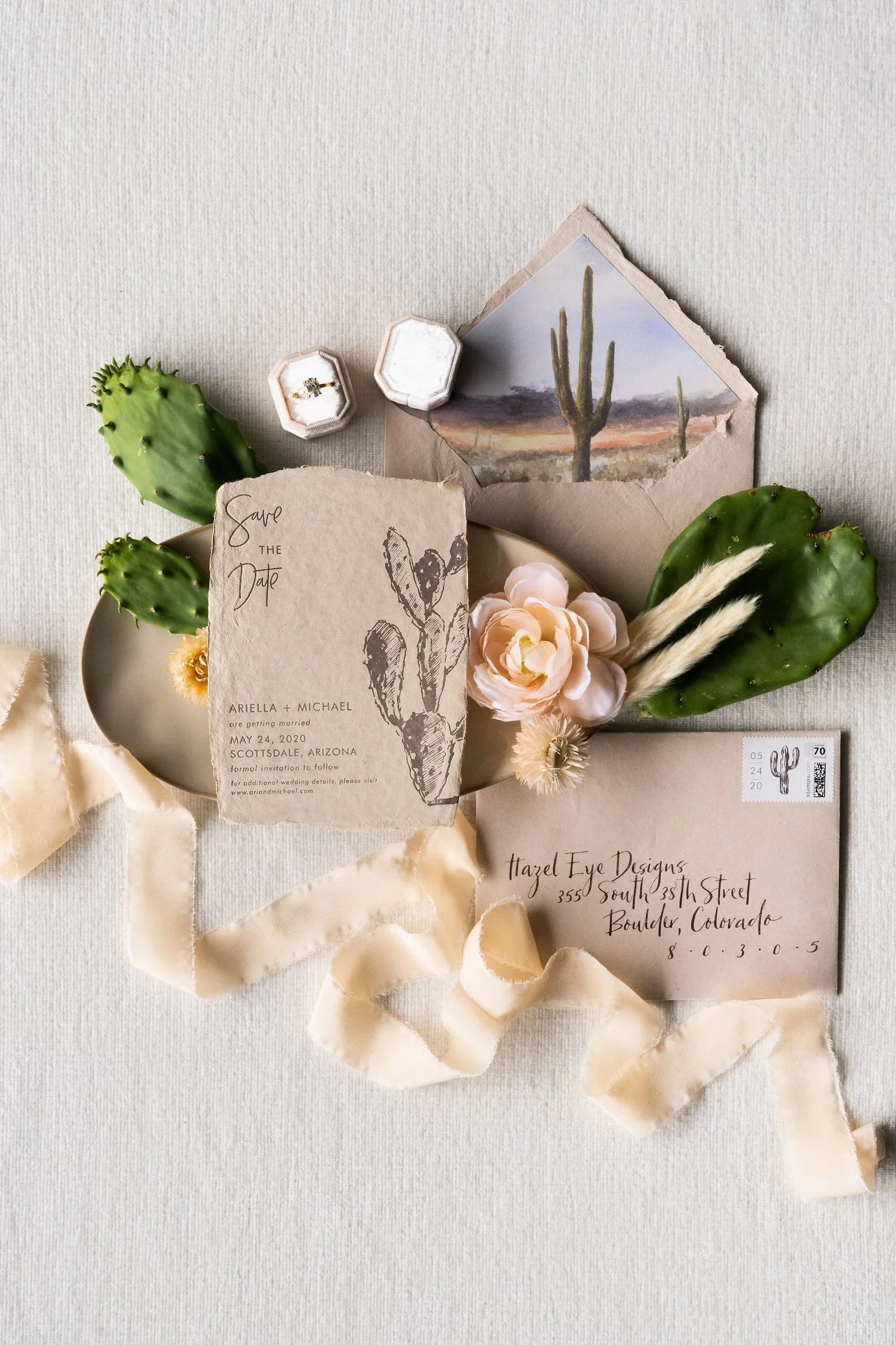Luxury desert wedding save the date suite letterpressed on handmade paper for a romantic Four Seasons Resort Scottsdale at Troon North celebration inspired by the Arizona landscape.