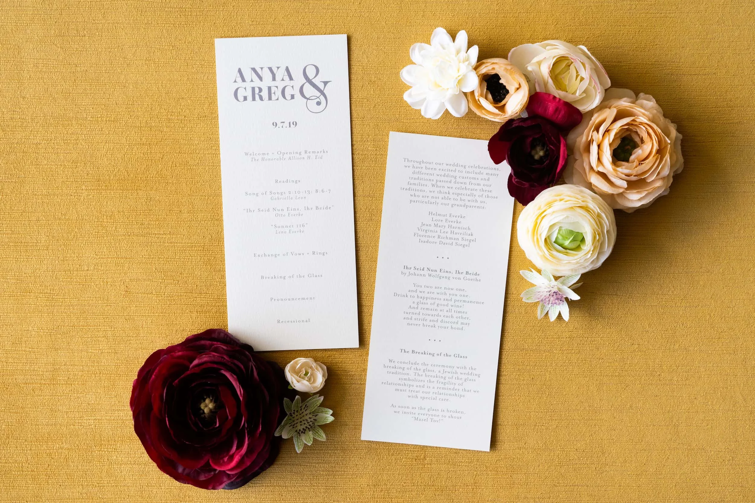 Modern Denver wedding programs with bold typography, plaid envelope liner, foil stamping, and custom monogram postage for an autumn celebration.