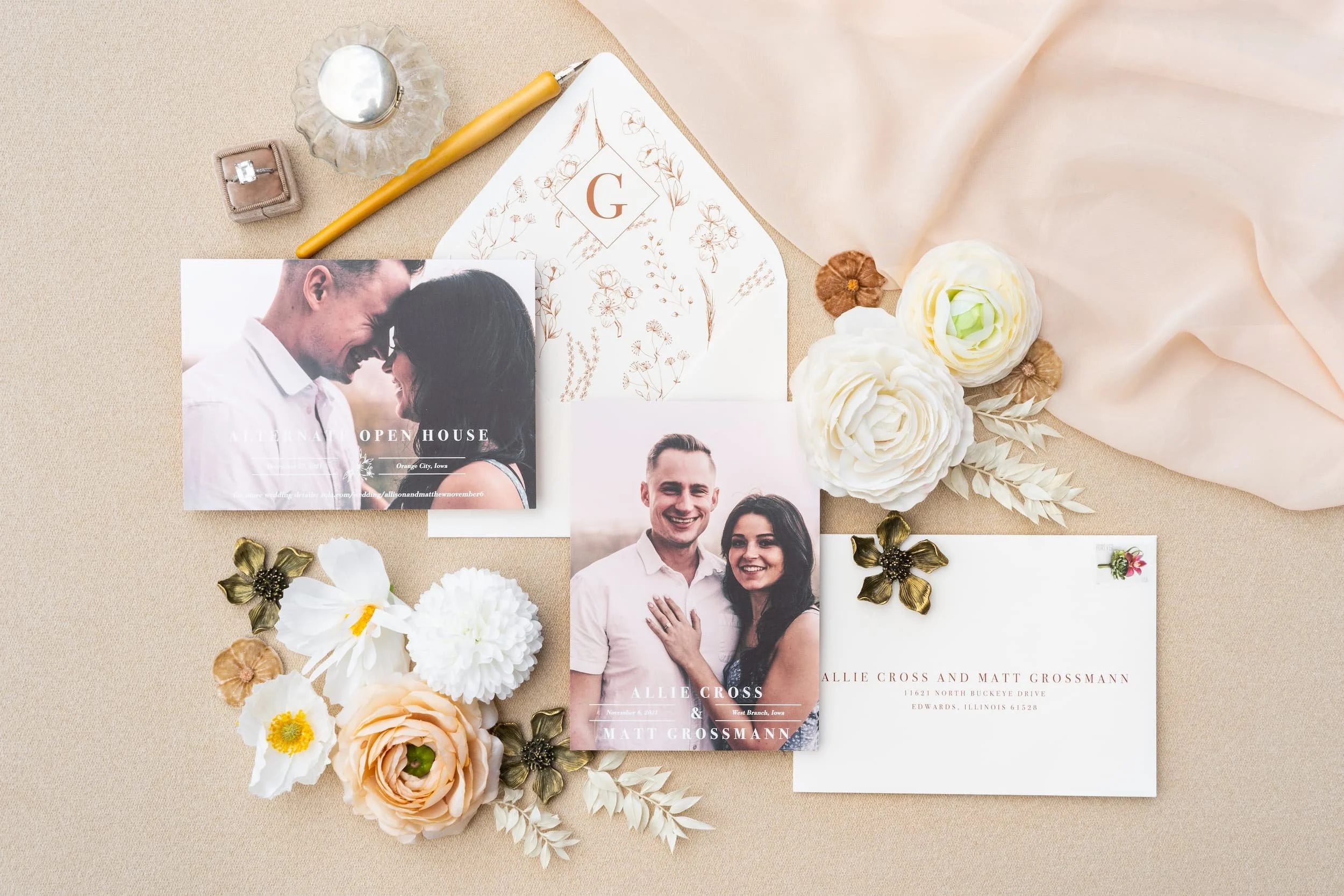 Elegant barn wedding stationery suite with velvet details, soft gray paper, rust accents, and cozy November-inspired fall textures.