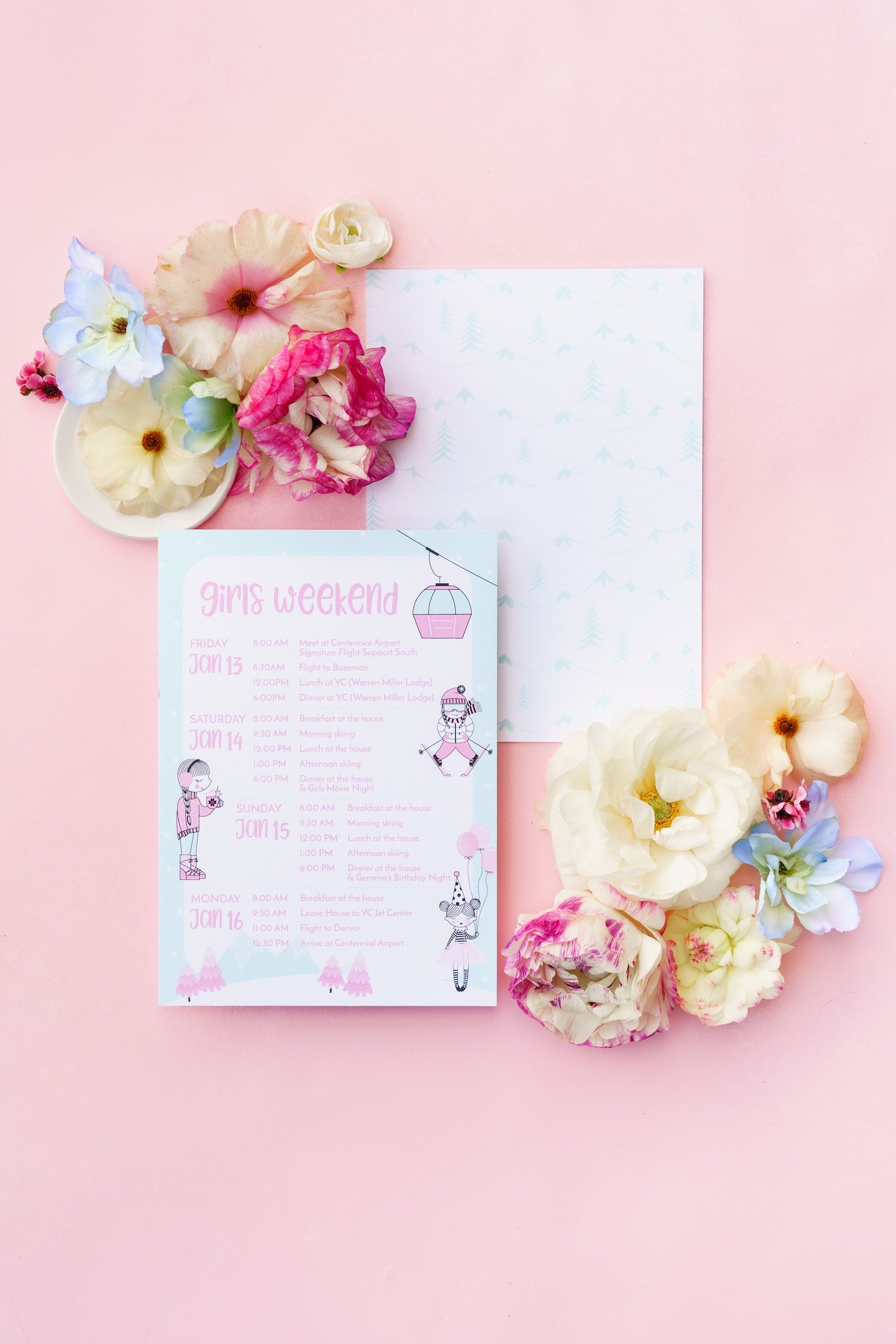 Inspired by the birthday girl's favorite colors and love of skiing, this luxury invitation suite set the stage for an unforgettable girls' weekend in Big Sky filled with ski lessons, spa days, shopping, and mountain adventures.
