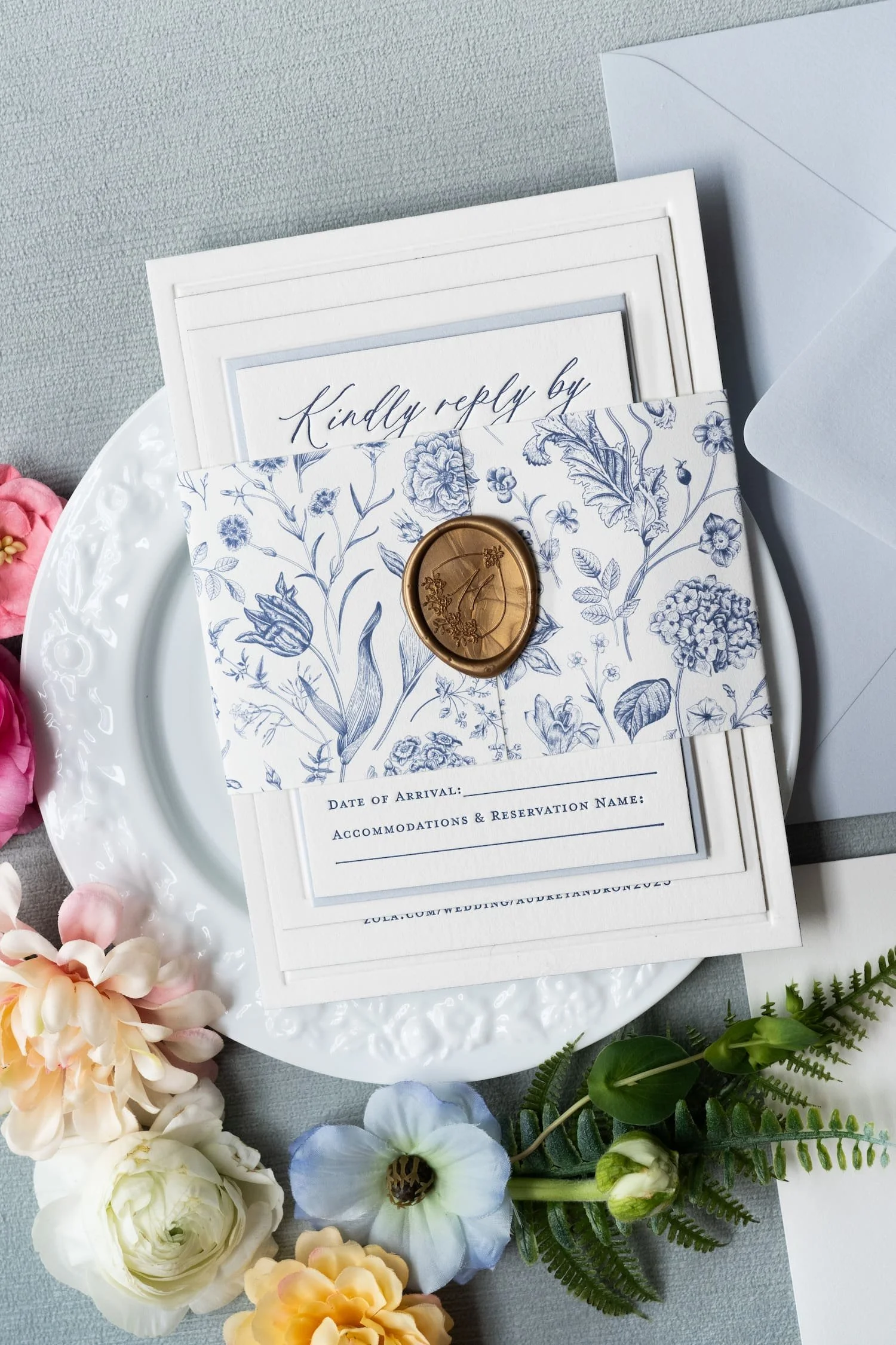 Sophisticated wedding invitation suite and event stationery featuring custom wax seals, floral crest illustrations, letterpress printing, and refined details inspired by a romantic Virginia vineyard celebration.