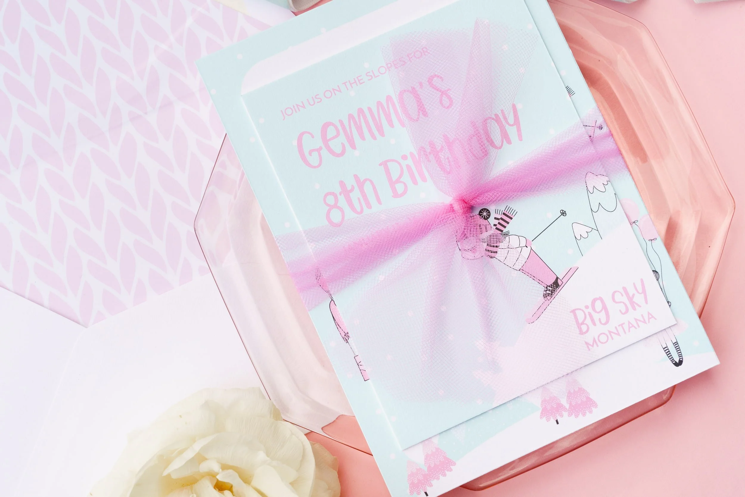 Inspired by the birthday girl's favorite colors and love of skiing, this luxury invitation suite set the stage for an unforgettable girls' weekend in Big Sky filled with ski lessons, spa days, shopping, and mountain adventures.