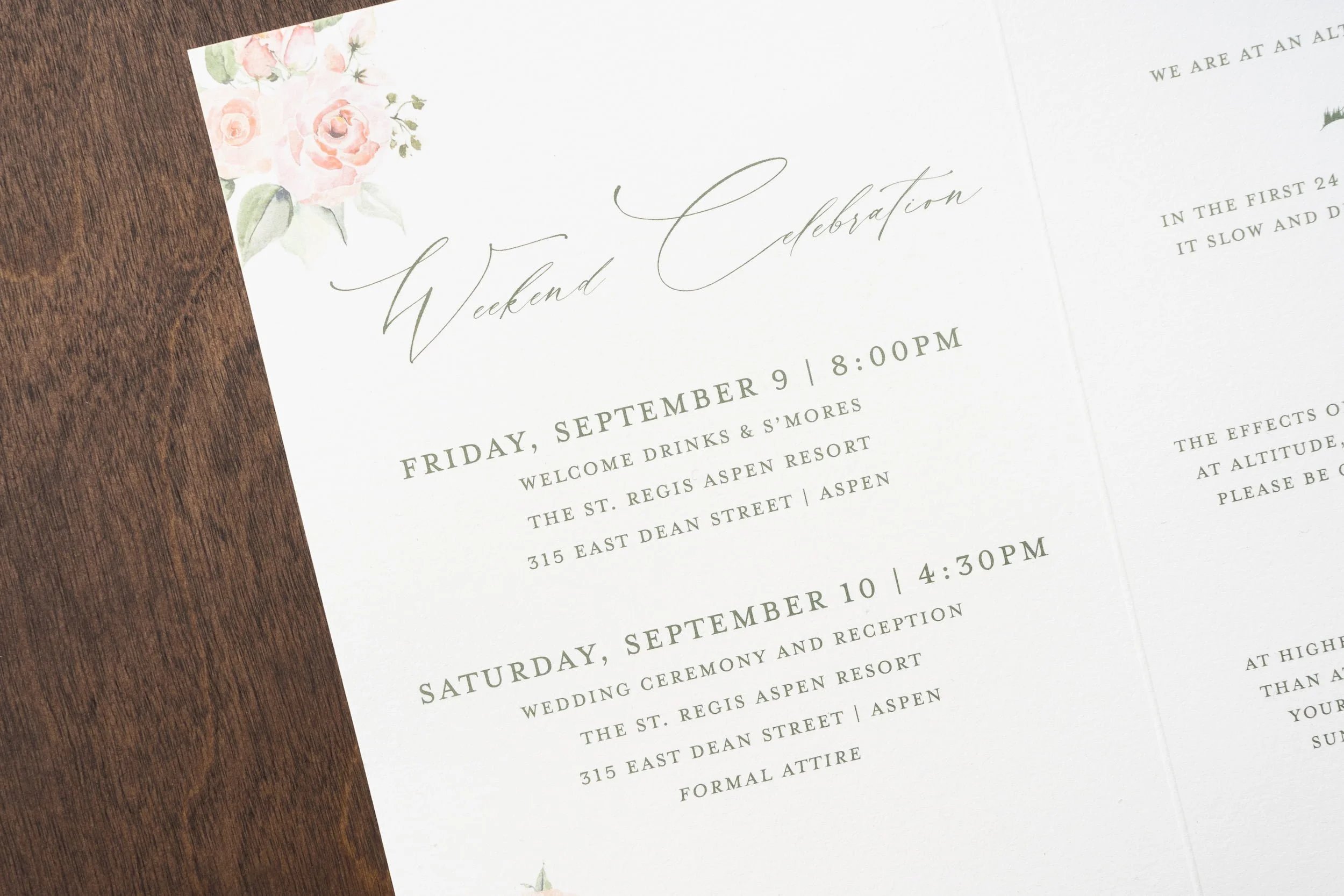 Elegant destination wedding invitation suite featuring watercolor mountain artwork, blush and white flowers, textured paper details, and luxury finishing touches inspired by Aspen, Colorado.