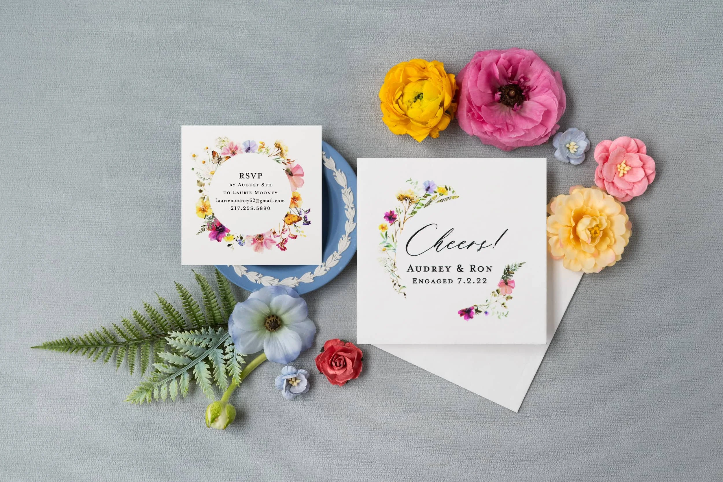 Elegant wedding paper suite including engagement party invitations, save the dates, wedding invitations, and day-of stationery designed for a Virginia vineyard wedding.