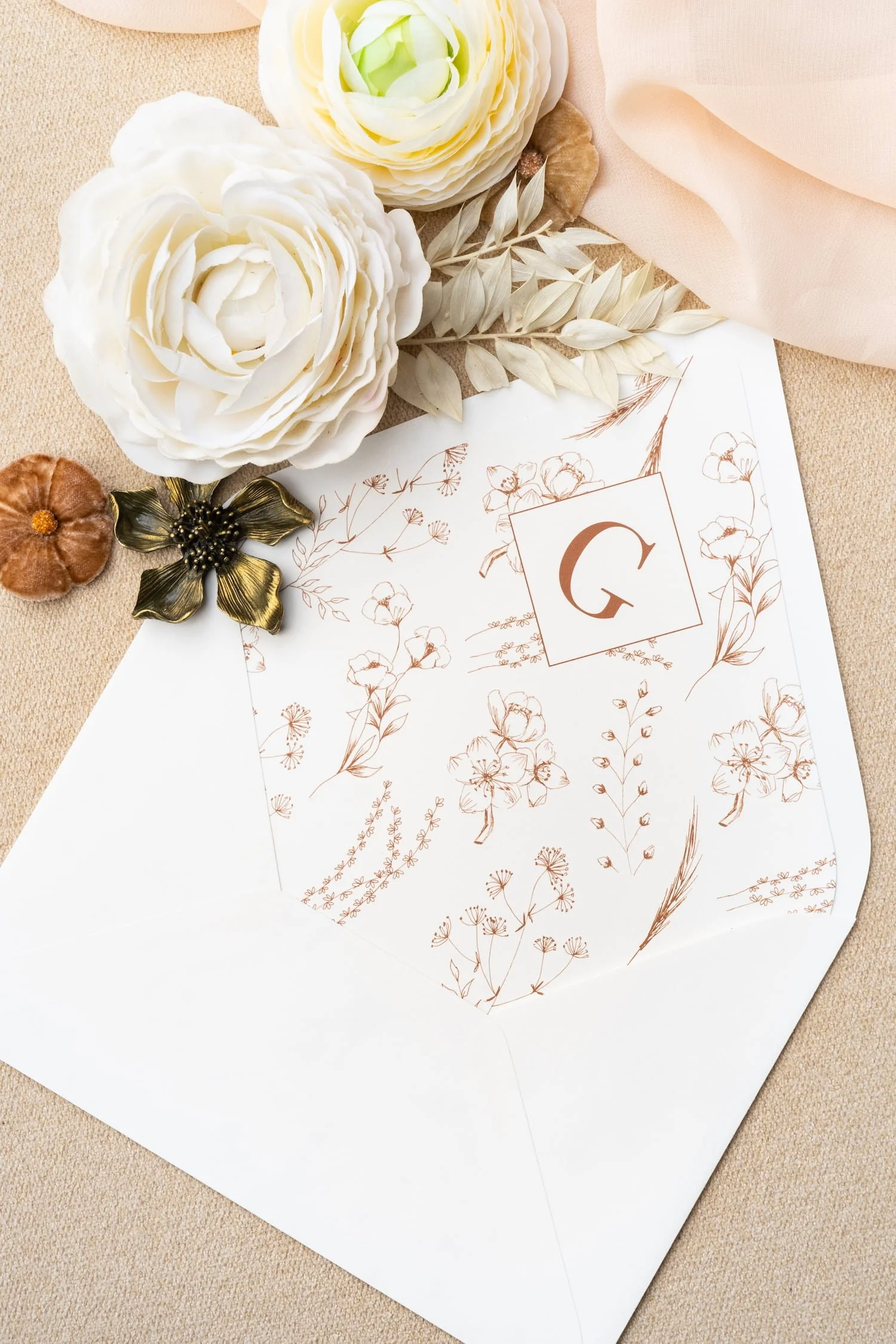 Elegant barn wedding stationery suite with velvet details, soft gray paper, rust accents, and cozy November-inspired fall textures and a floral monogram envelope liner.