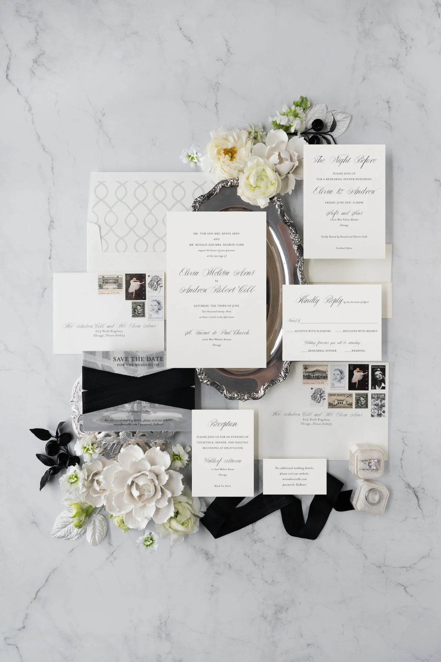 Luxury black-and-white wedding invitation suite with double-thick cotton cardstock, black edge painting, silk ribbon, and vintage postage inspired by old Chicago elegance.