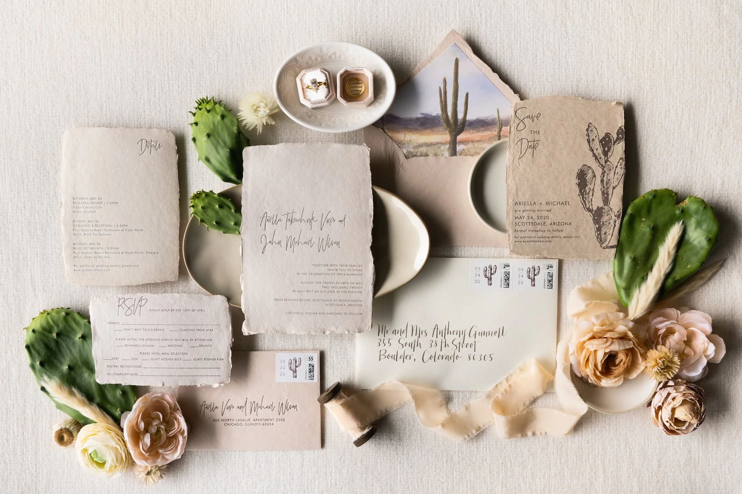 Luxury desert wedding invitation suite letterpressed on handmade paper for a romantic Four Seasons Resort Scottsdale at Troon North celebration inspired by the Arizona landscape.