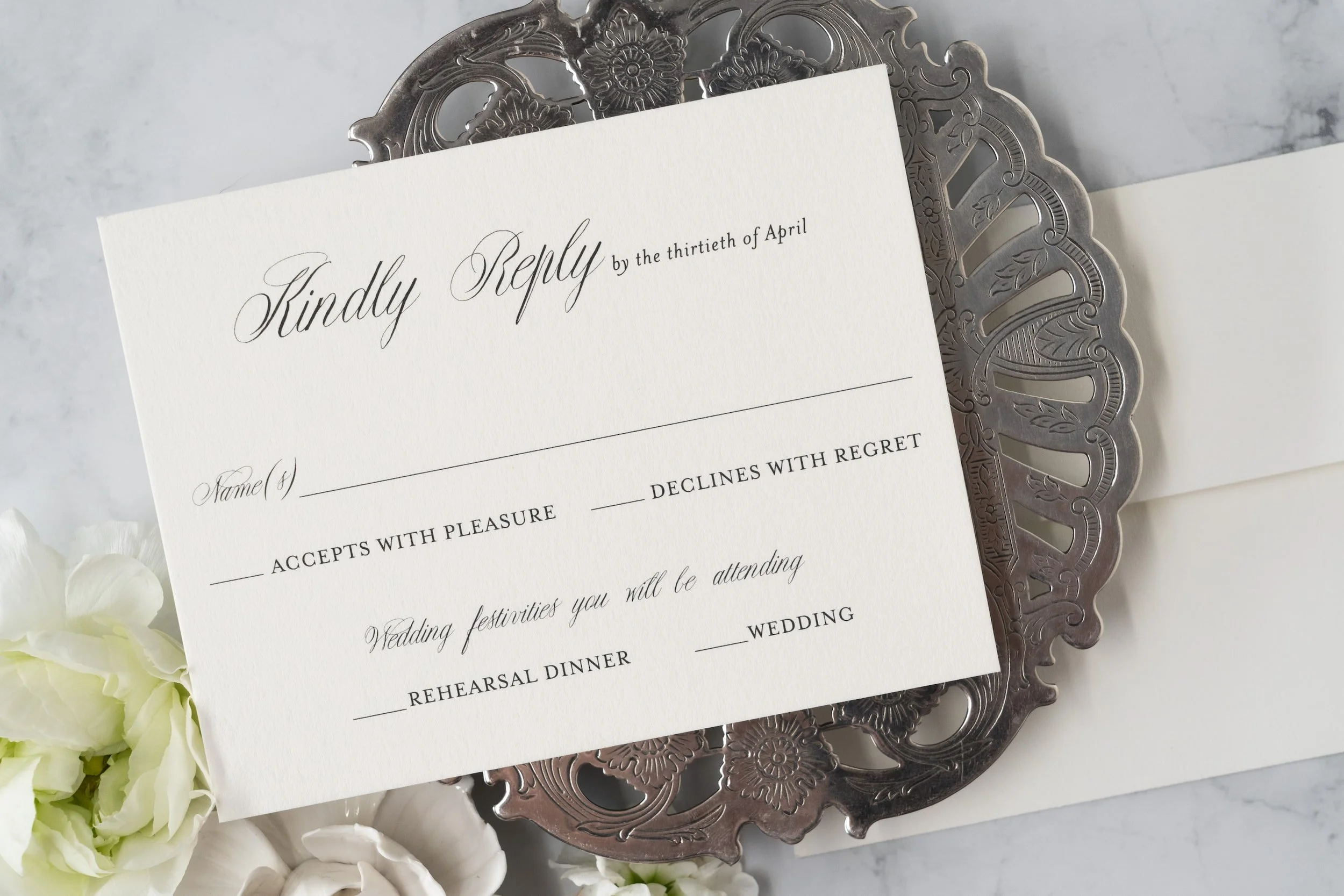 Luxury black-and-white wedding invitation suite with double-thick cotton cardstock, black edge painting, silk ribbon, and vintage postage inspired by old Chicago elegance.