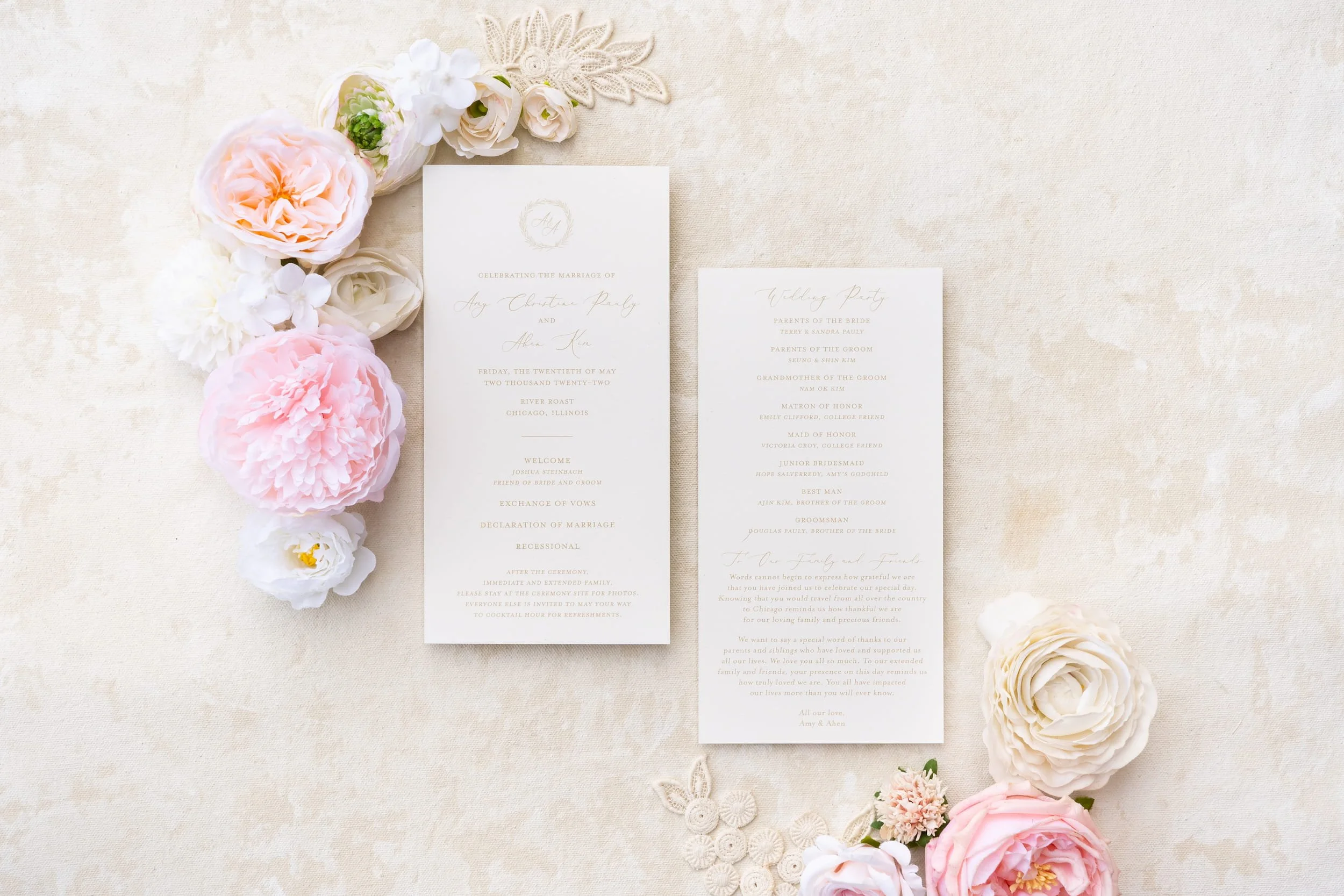 Elegant Chicago wedding invitation suite featuring soft blush and ivory tones, gold foil accents, hand-sewn lace details, and refined nods to both Korean and American traditions.