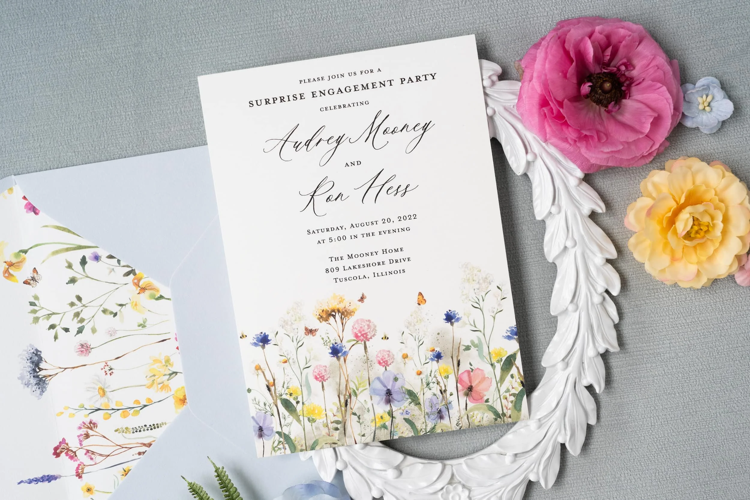 Luxury wedding stationery collection for a Bluemont Vineyard celebration featuring letterpress printing, blind deboss details, edge-painted cards, custom oval wax seals, and a bespoke floral crest.