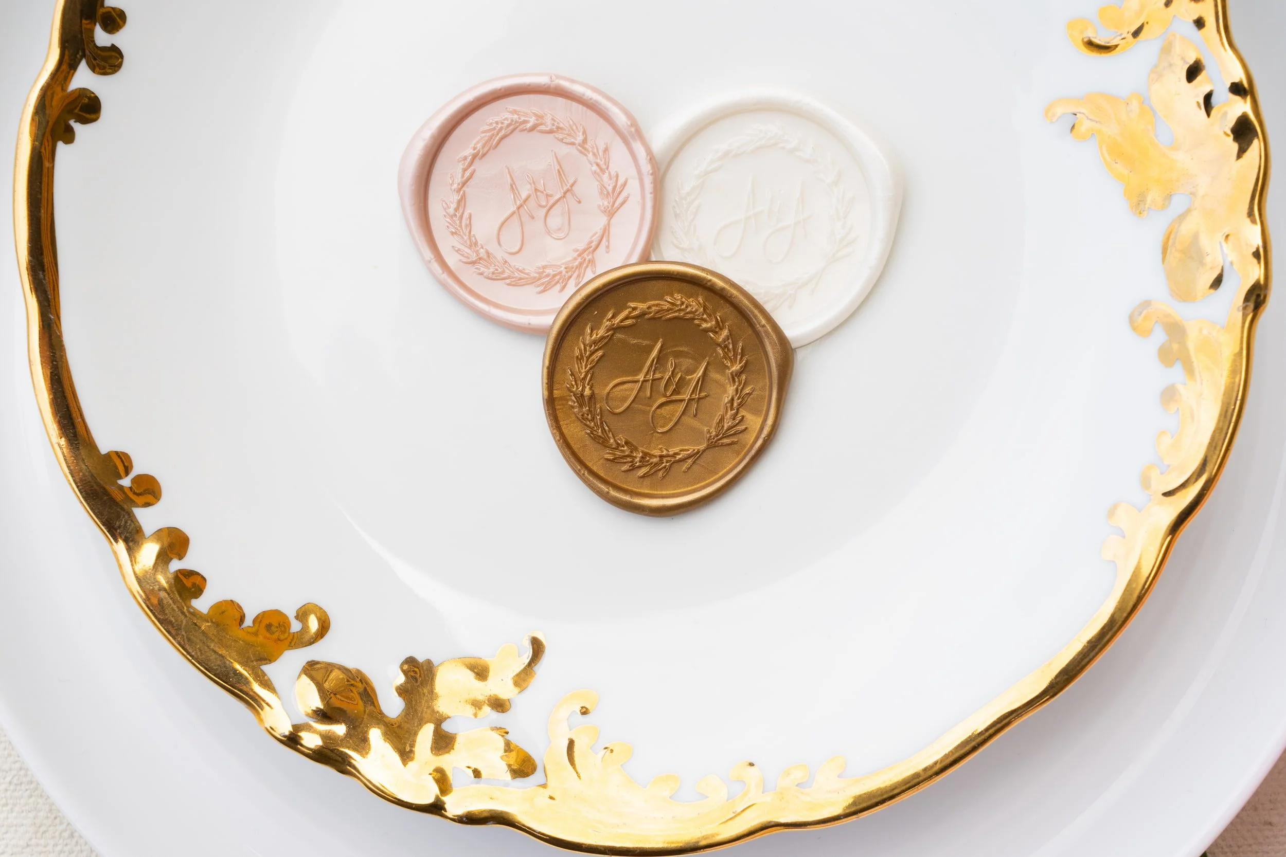 Luxury wedding stationery suite and menus in blush, ivory, and gold with delicate lace accents, wax seals, hand-sewn embellishments, and romantic details created for a Chicago celebration blending Korean and American heritage.