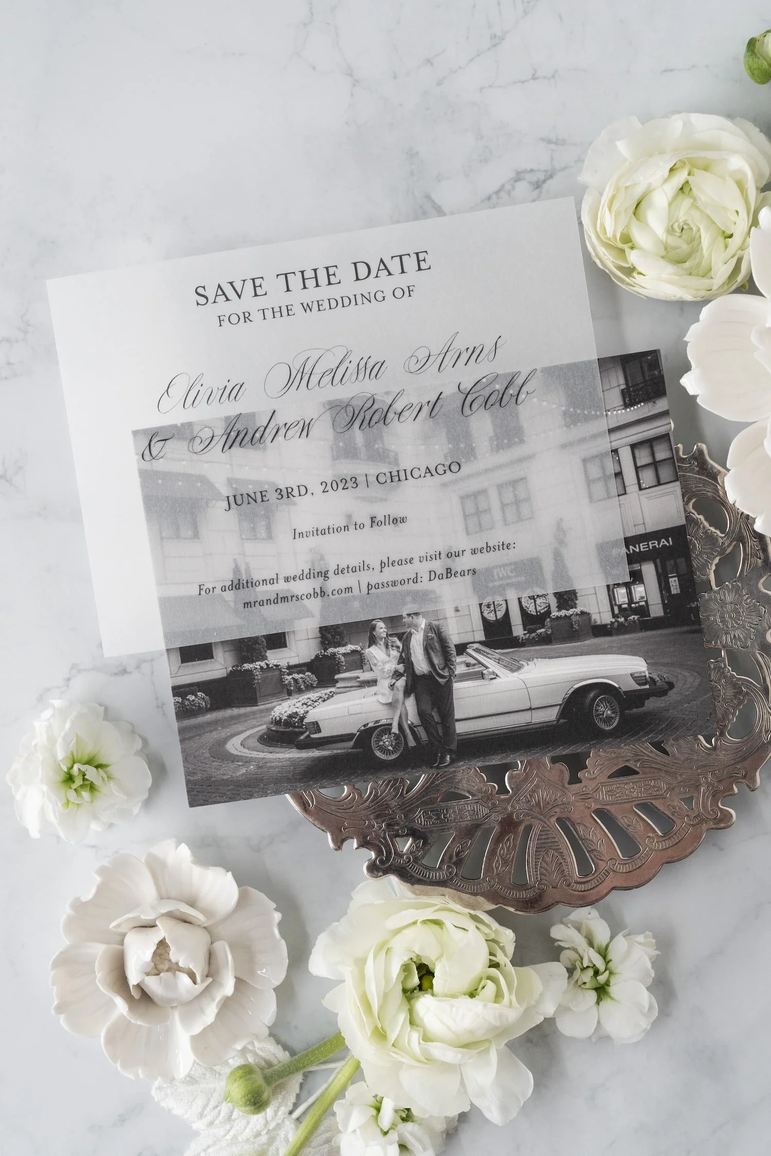 Luxury black-and-white wedding invitation suite with double-thick cotton cardstock, black edge painting, silk ribbon, and vintage postage inspired by old Chicago elegance.