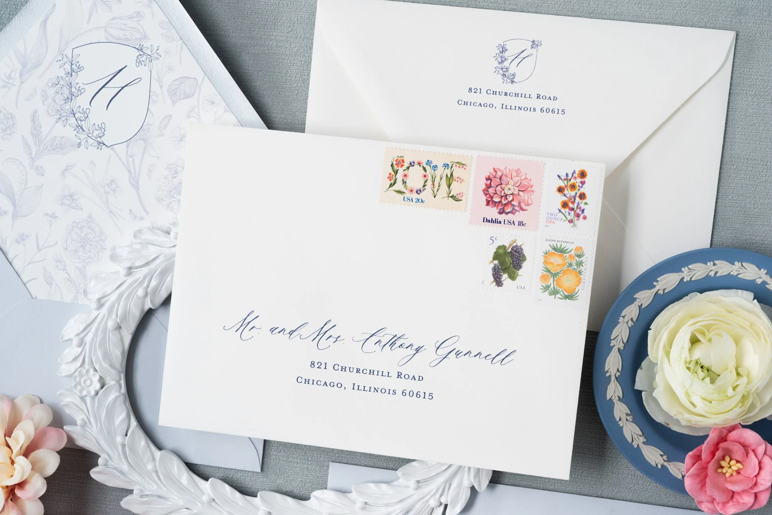 Sophisticated wedding invitation suite and event stationery featuring custom wax seals, floral crest illustrations, letterpress printing, and refined details inspired by a romantic Virginia vineyard celebration.