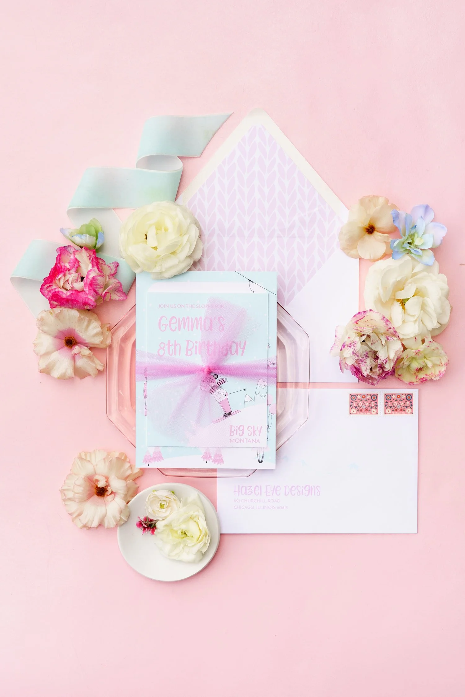 Inspired by the birthday girl's favorite colors and love of skiing, this luxury invitation suite set the stage for an unforgettable girls' weekend in Big Sky filled with ski lessons, spa days, shopping, and mountain adventures.