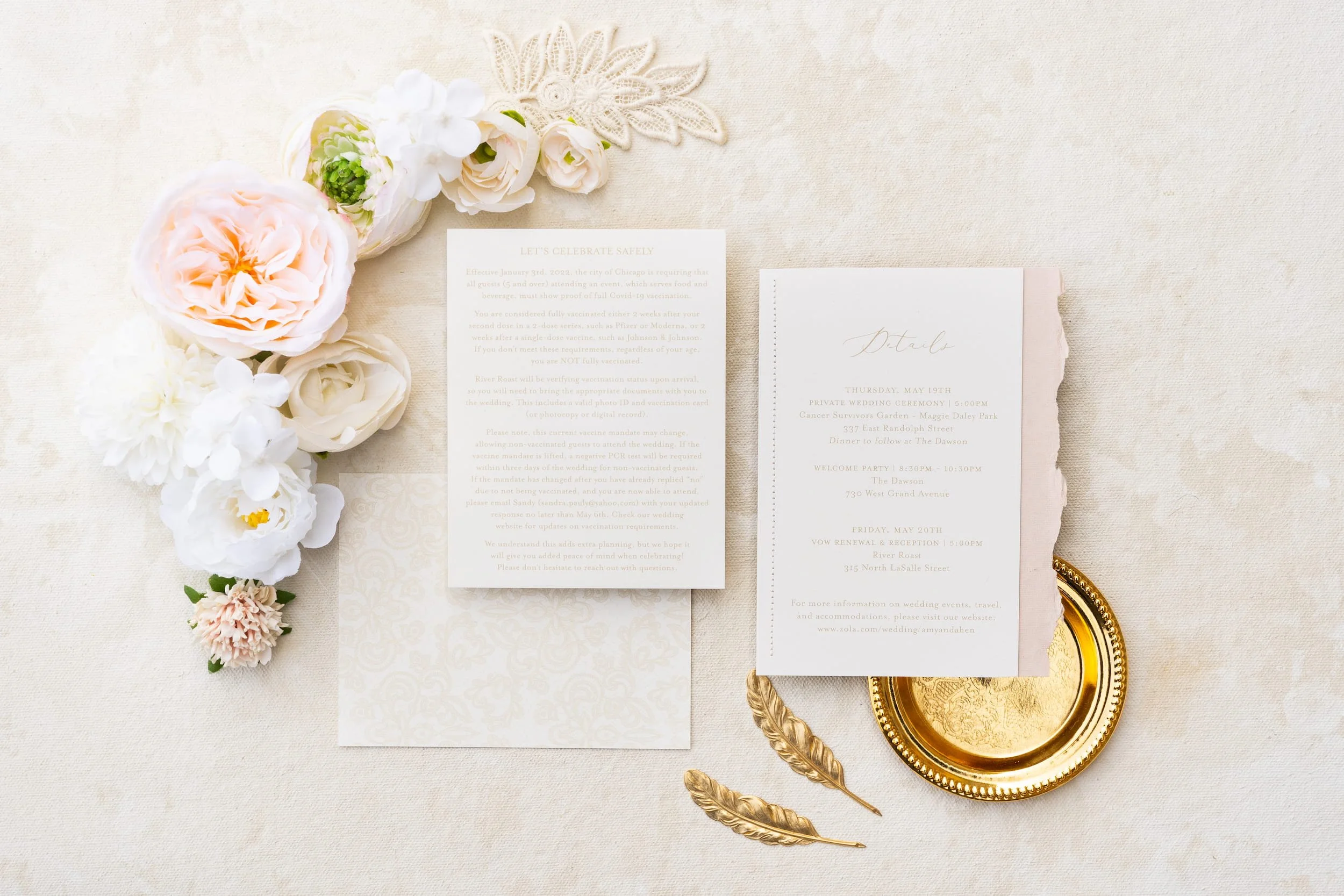 Elegant Chicago wedding invitation suite featuring soft blush and ivory tones, gold foil accents, hand-sewn lace details, and refined nods to both Korean and American traditions.