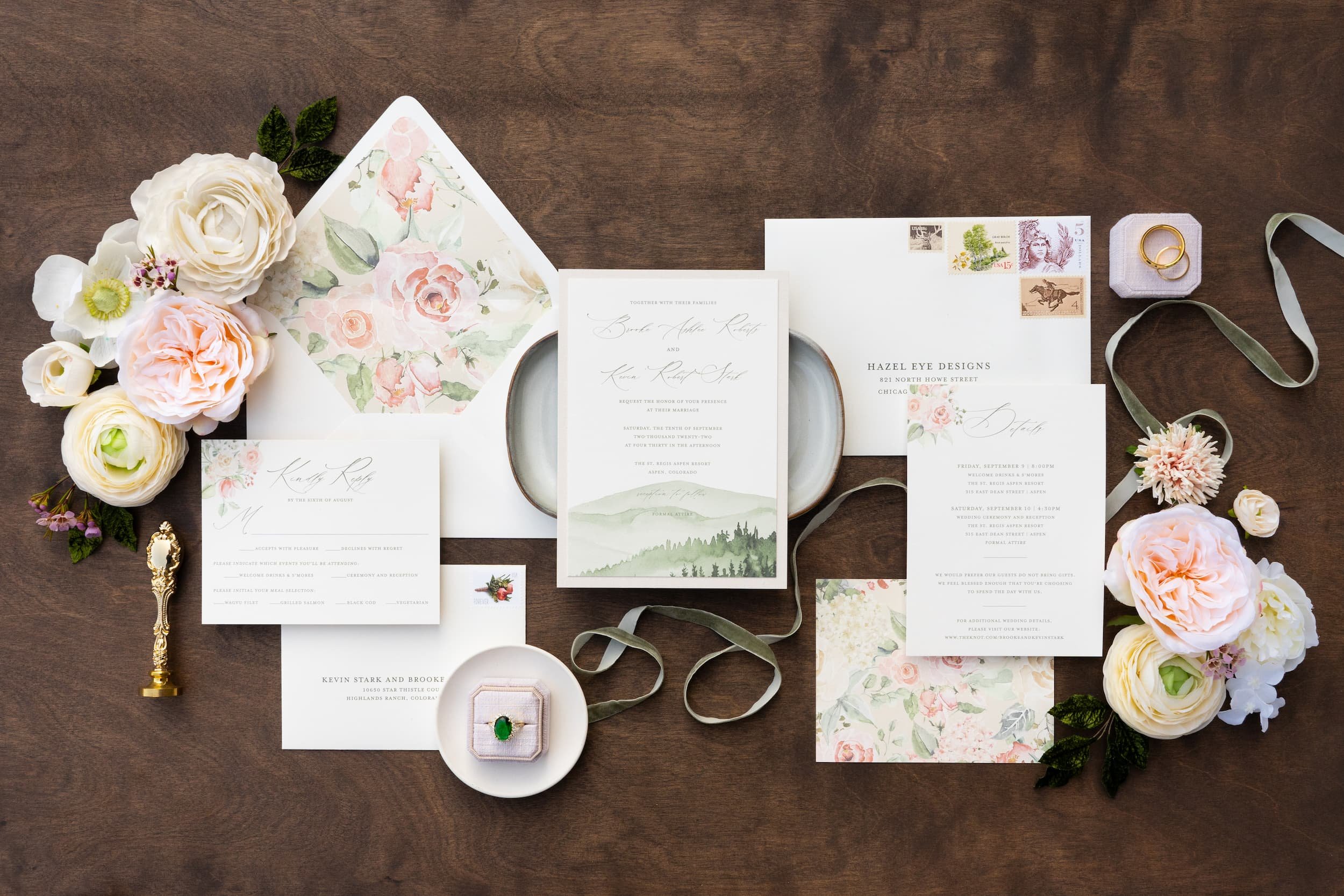 Luxury mountain wedding suite with custom watercolor landscape artwork, blush florals, linen textures, velvet ribbon, and wax seals designed for a romantic Colorado wedding.
