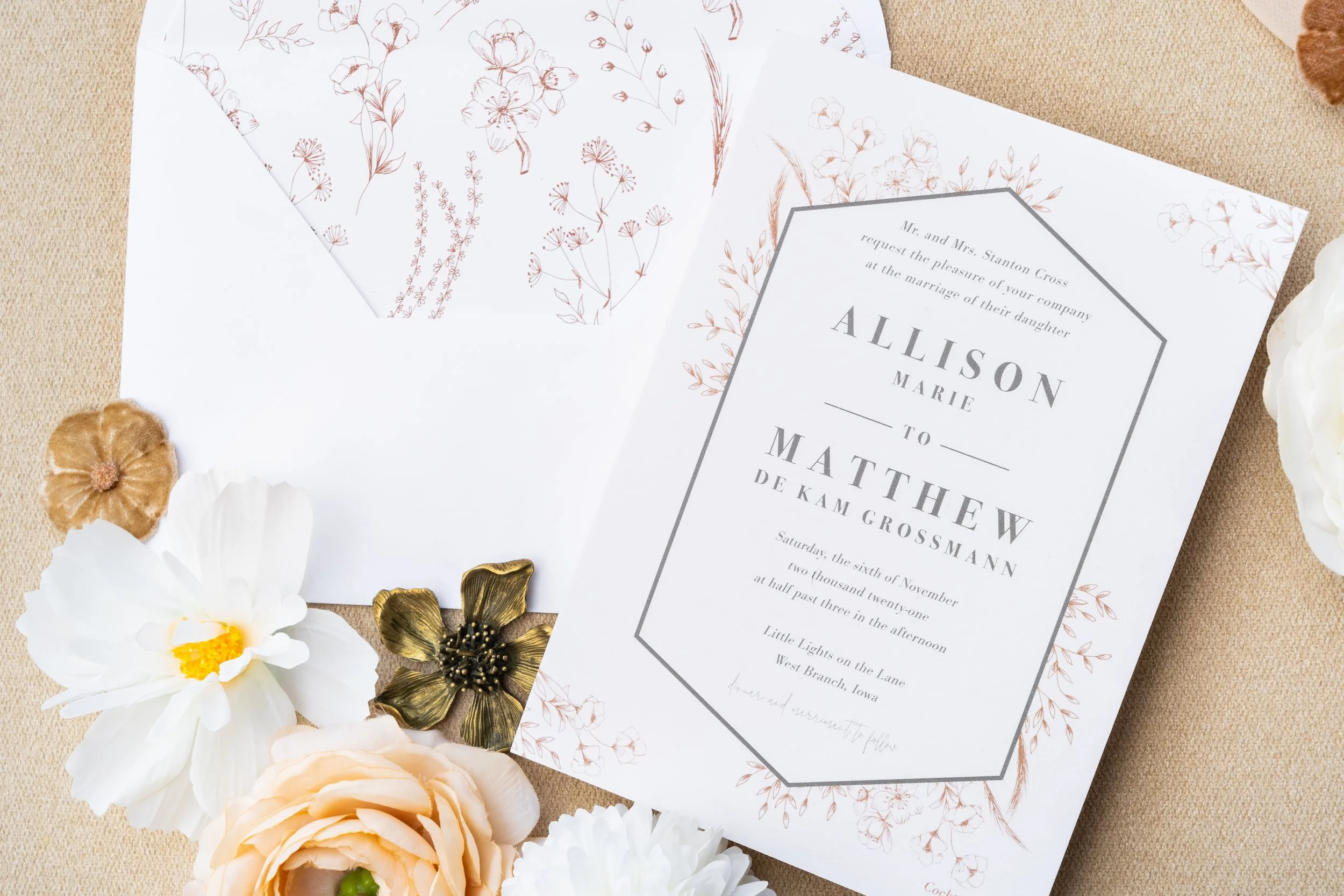 Elegant barn wedding stationery suite with velvet details, soft gray paper, rust accents, and cozy November-inspired fall textures.