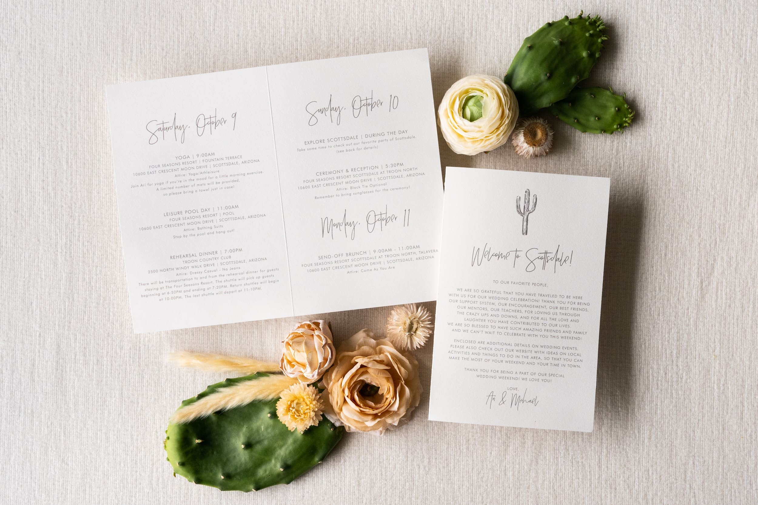 Elegant Scottsdale wedding invitation suite and wedding day items featuring handmade paper, letterpress printing, and refined desert-inspired details for a luxury Four Seasons wedding.