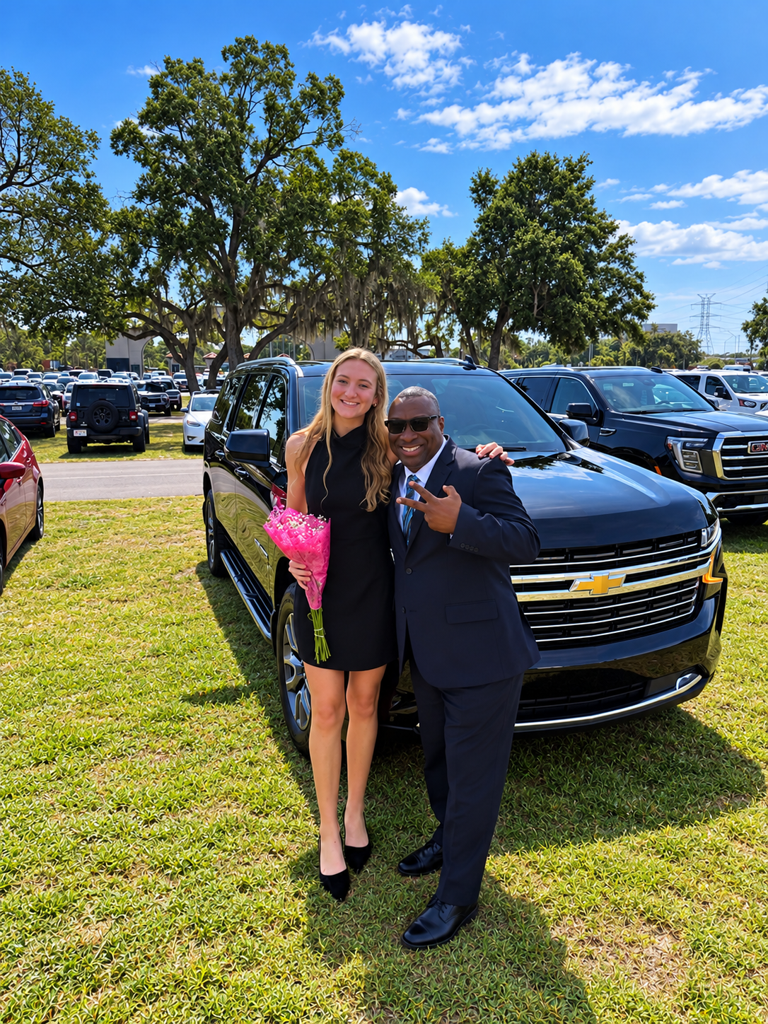 Celebratory Pair Beside Black Chevrolet SUV.png