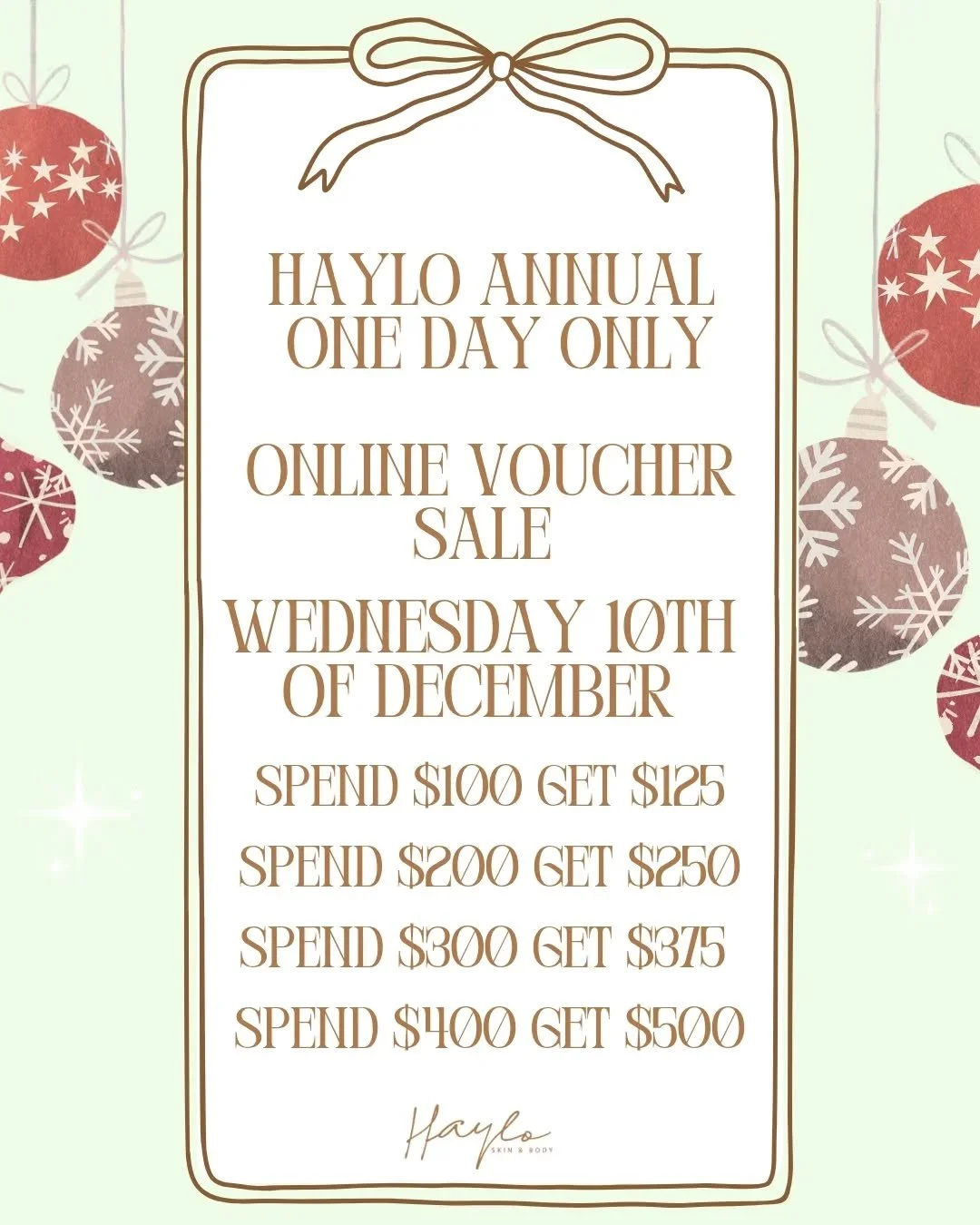 Only 1 more Sleep until our Annual One Day Only Online Voucher Sale arrives!! 🎄

For 24 hours only on Wednesday 10th December, you&rsquo;ll receive bonus value &mdash; the perfect way to treat yourself or someone special this festive season 🤎

Here