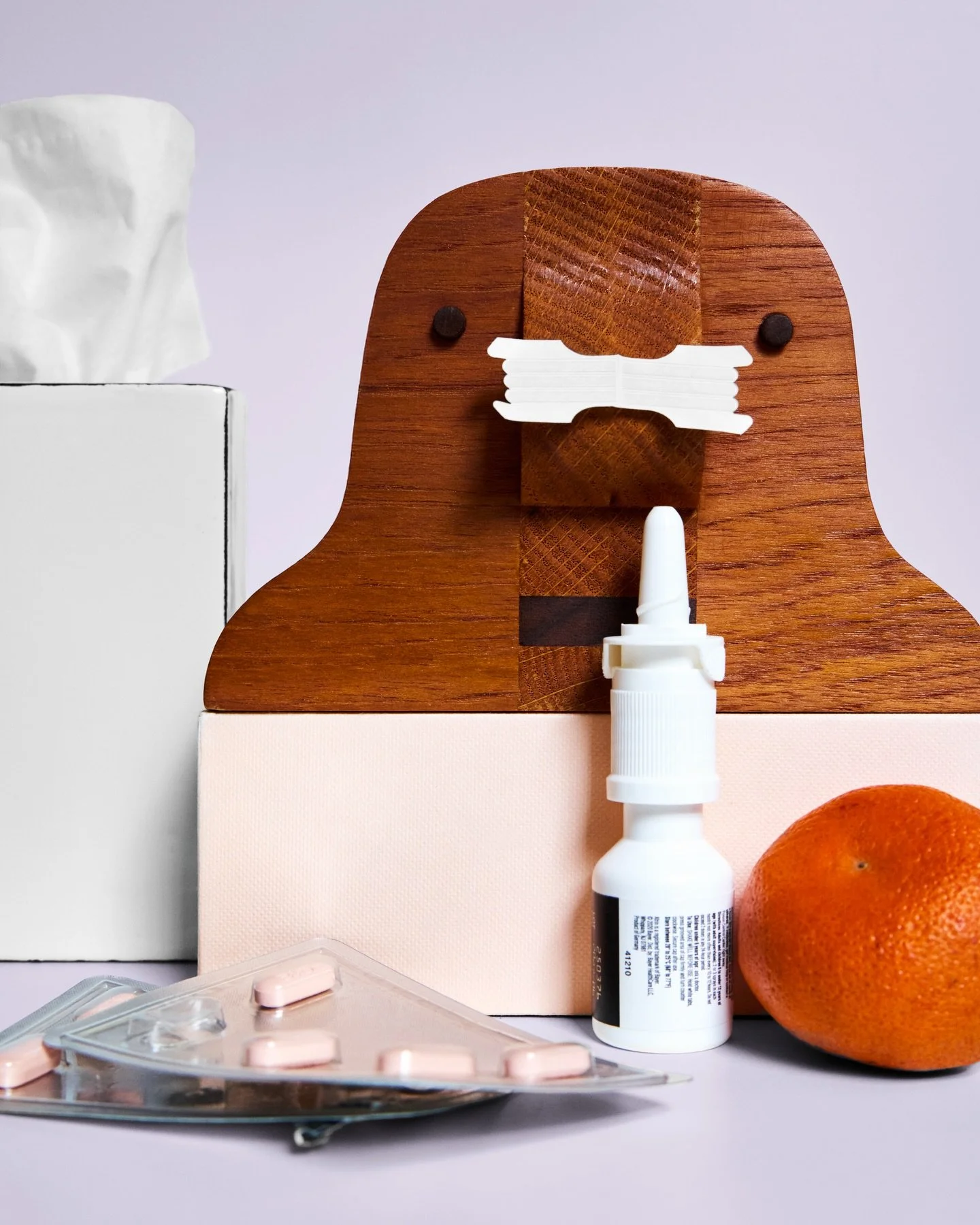 A portrait of me for the next couple of months. The tissues, the spray, the nose strips, the little pink  pills, the citrus for some optimism. This face sculpture is the perfect representation for how I feel. (@toddstjohn made it. I snagged it at his