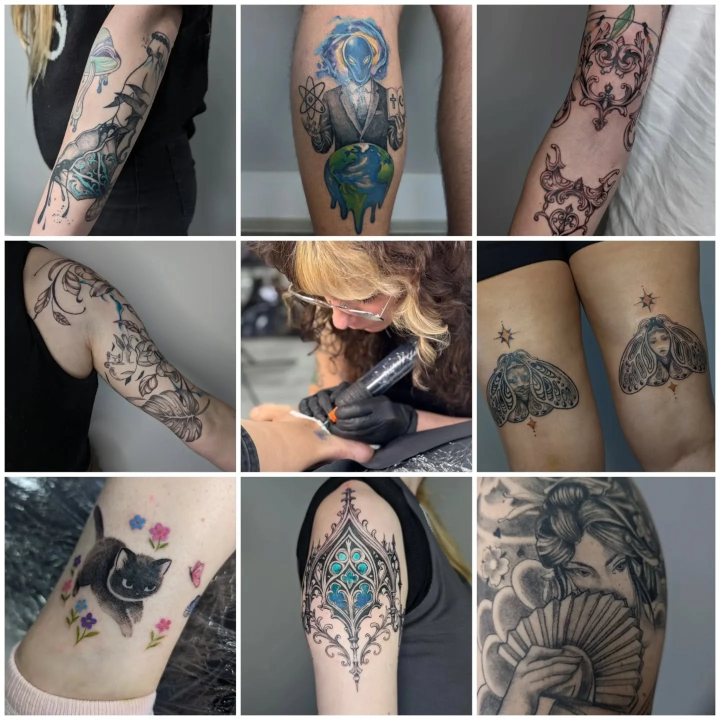 Art vs. artist 2025 edition. Swipe to see the previous years 🥰. I am so grateful to everyone who got a tattoo from me this year. My third year of being a tattoo artist has brought on new challenges and lessons and I am excited for what the future ho