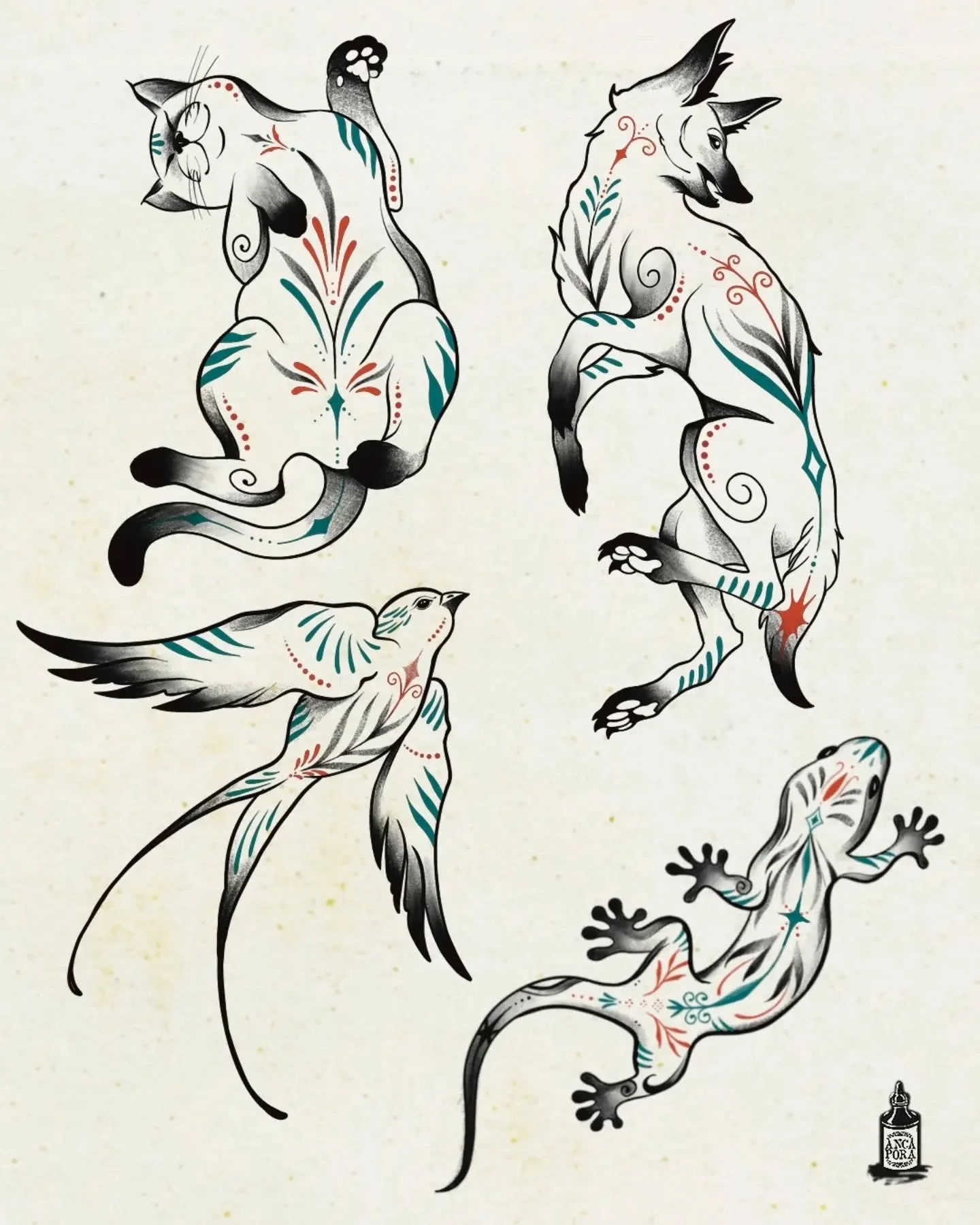 🖤 New flash designs are here 🖤
A fresh set of animal inspired flash tattoos is now available to be booked. I was inspired by a client who requested a lizard with decorative elements and decided to create a full set. The lizard is rezerved.All other