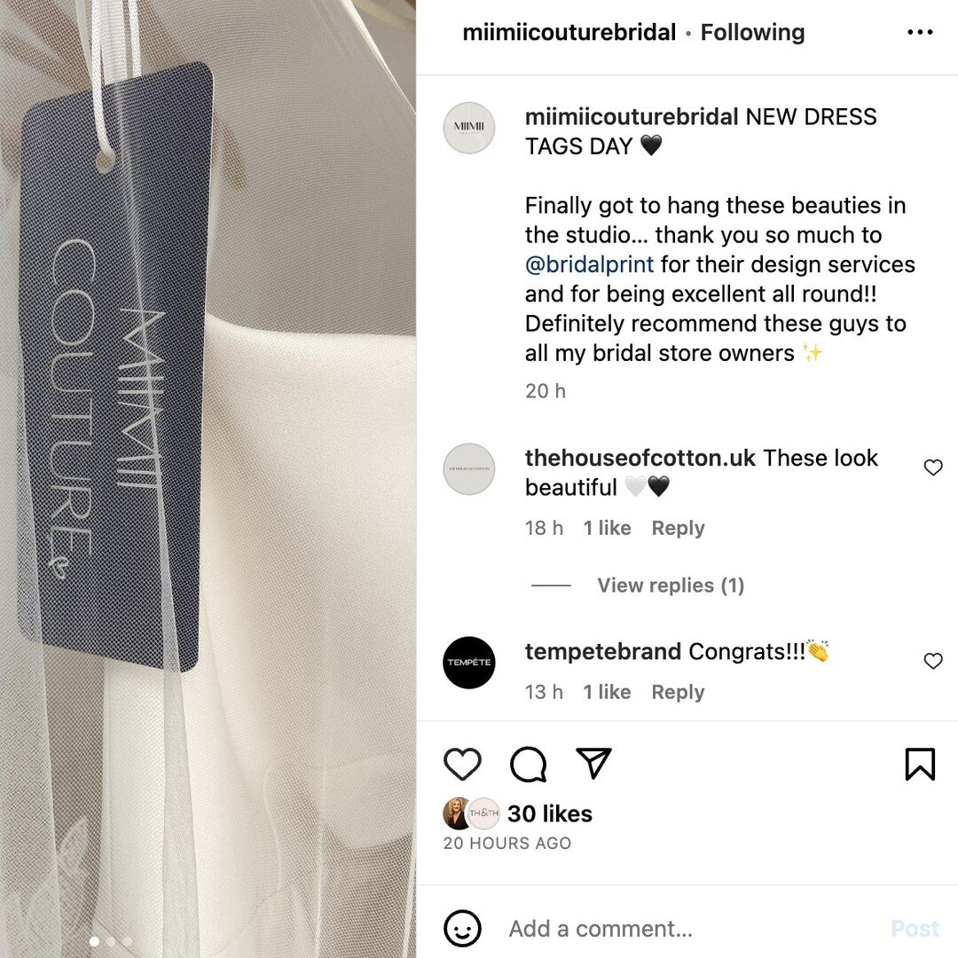 We are always so pleased to hear from happy bridal stores! These silver foiled labels look gorgeous 😍 , always lovely to see our dress labels in situ! 🥰

Dress tags are so important, not only for the finer details, but to keep your brand and boutiq
