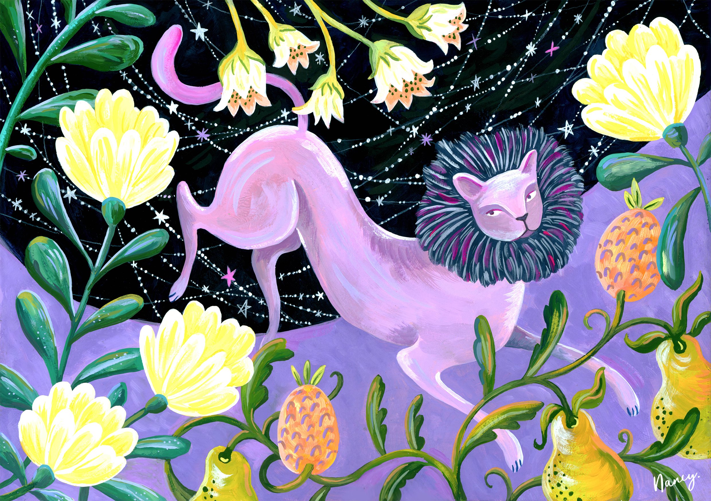 A colorful, whimsical painting of a pink mythical creature with the body of a dog and the face of a lion, surrounded by yellow flowers, green leaves, and stylized fruit, set against a dark, starry sky with constellations and celestial patterns.