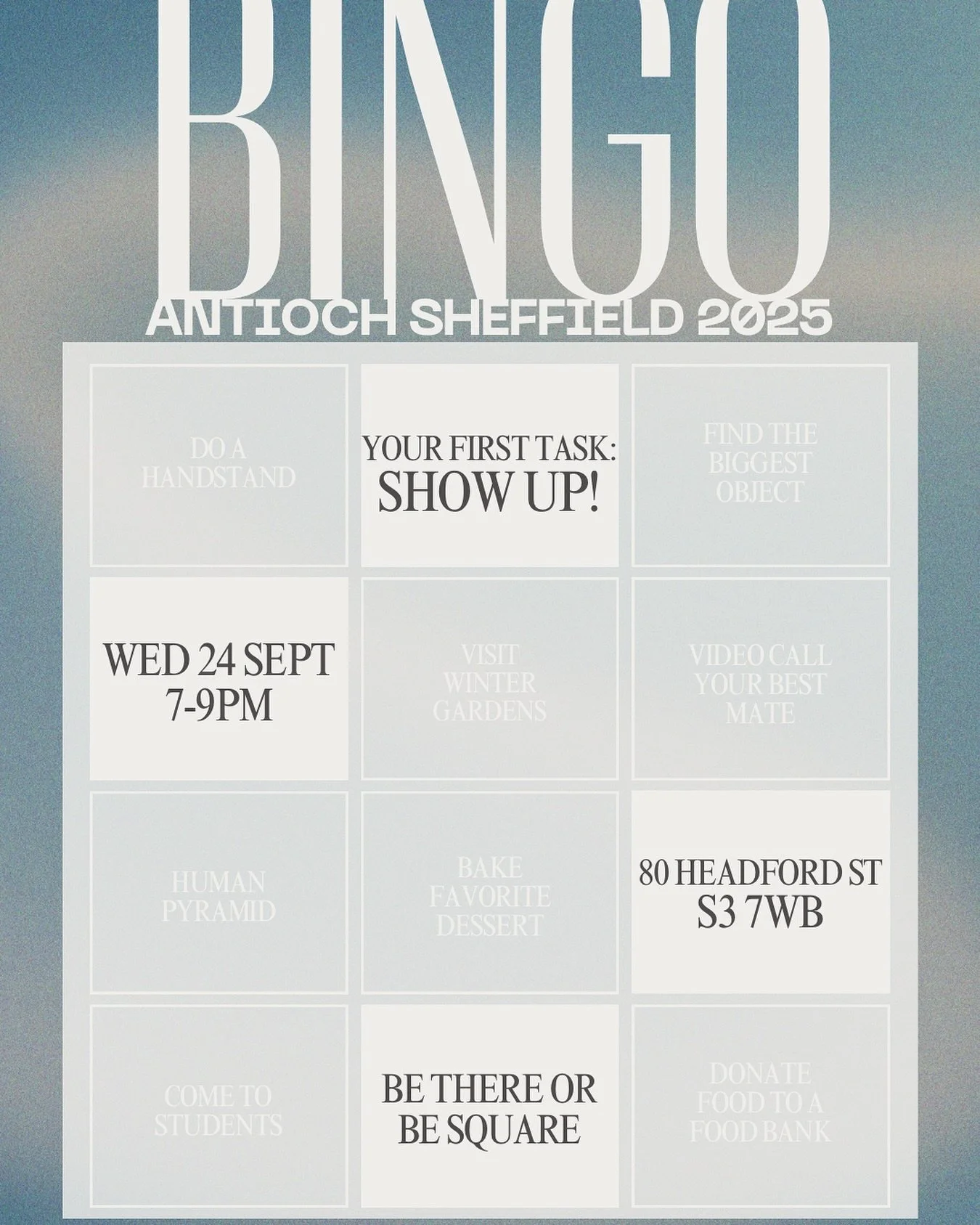 ANTIOCH STUDENTS ARE BACK TOMORROW
and we&rsquo;re kicking the year off with ✨TASK BINGO✨ 

Come and join us for a night of games, laughter &amp; friendly competition!

📍 Antioch Sheffield, 80 Headford St
🗓️ Wed 24 September
⌚️ 7PM-9PM