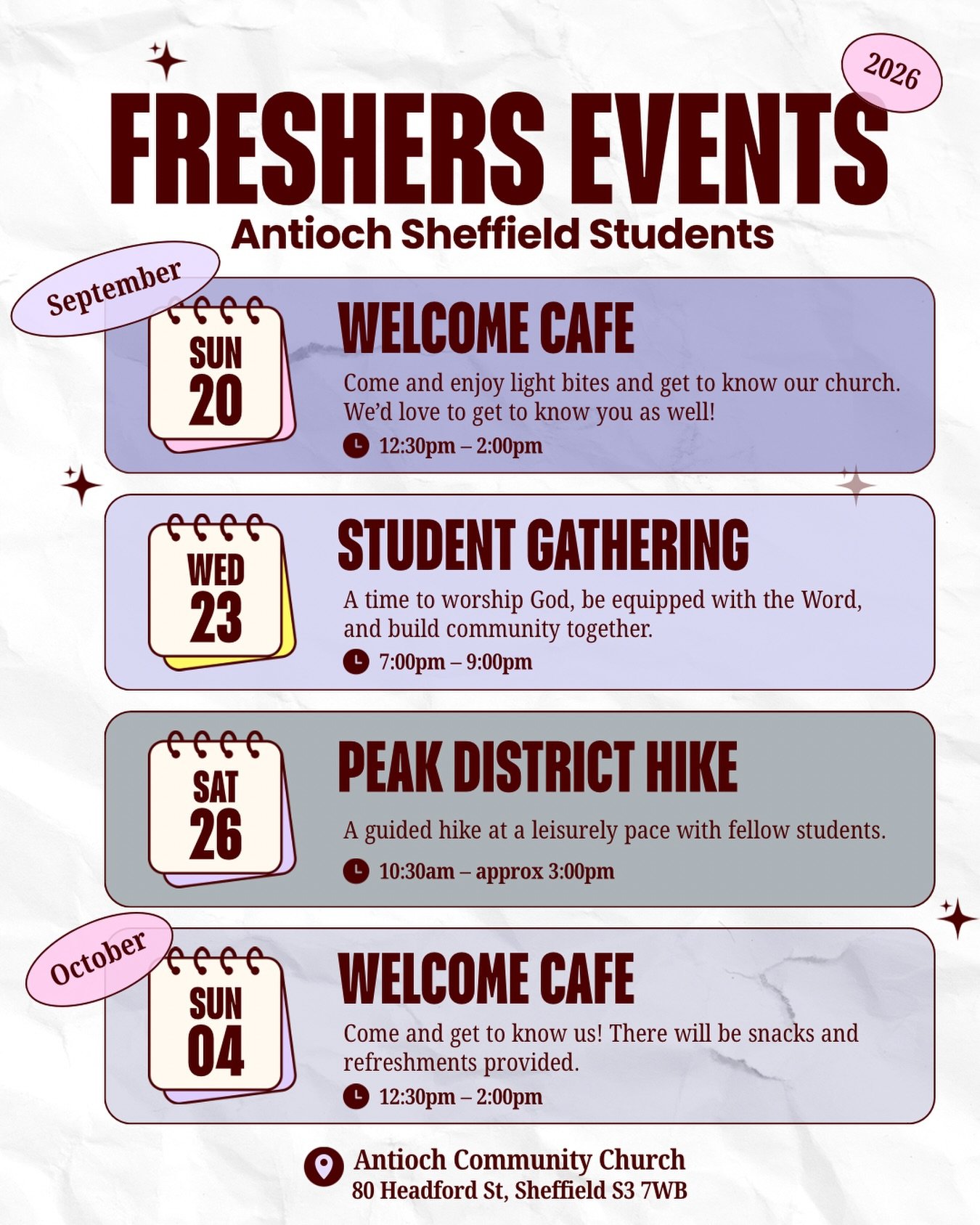 Coming to university in Sheffield? 👀 We&rsquo;d love to say hi!

Here are some of our upcoming Fresher&rsquo;s events! Come along, make some friends, and see what Antioch is all about! ✨

#sheffieldchurch #sheffiedstudents #sheffielduni #sheffieldha