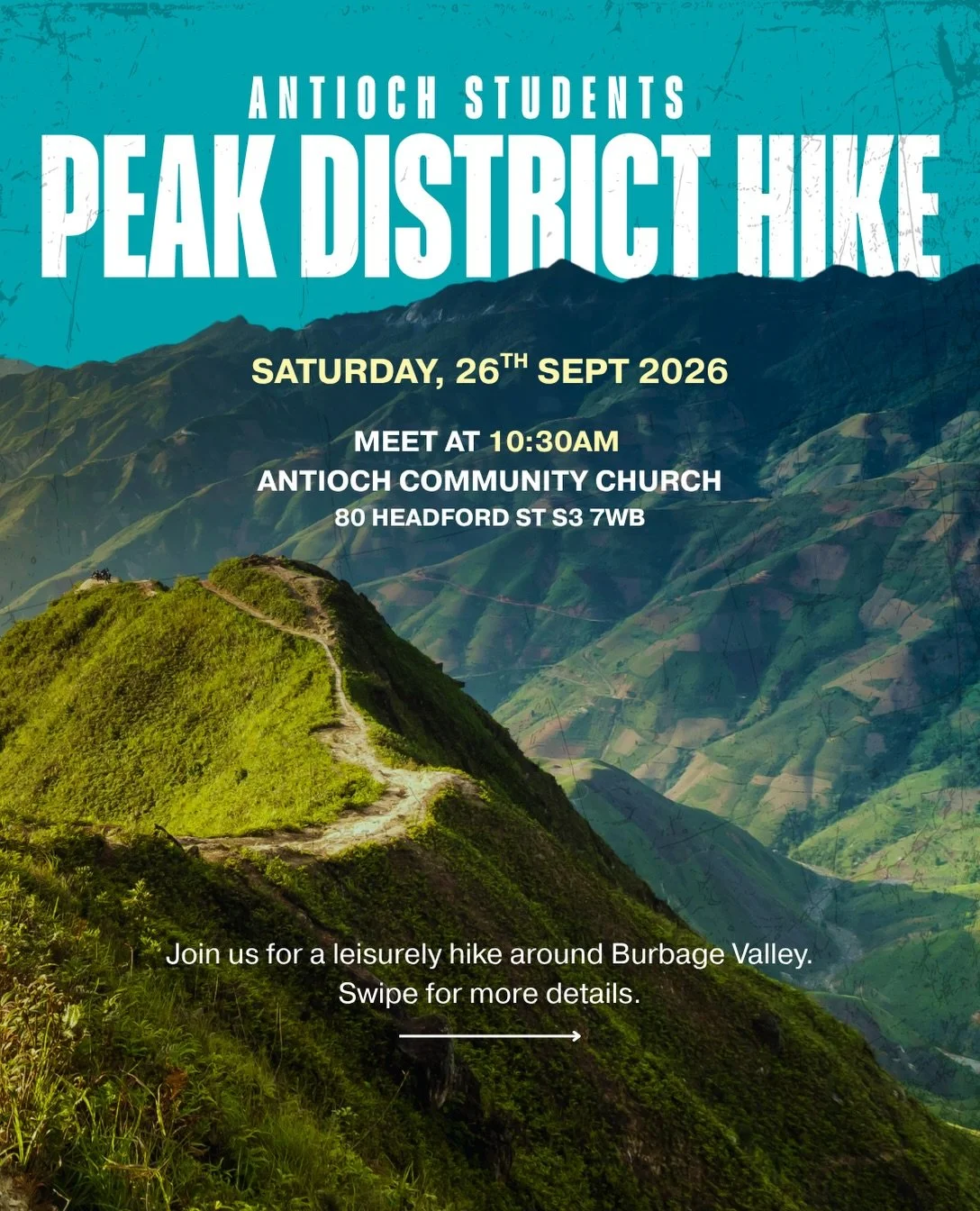 You&rsquo;re invited to Antioch Student&rsquo;s Peak District hike! 
Feel free to bring your friends :) 

🗓️ Saturday 26th Sept 2026
⏰ 10:30am
📍 Meeting at Antioch Community Church, 80 Headford St, S3 7WB

🔗 Sign up link in bio 

 #sheffieldfreshe