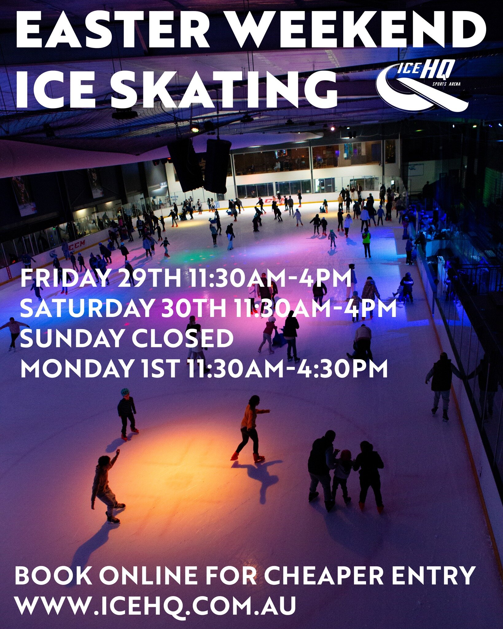 Four day weekend coming up 🤗⛸️
We'll be open:
Friday 29th 11:30am-4pm
Saturday 30th 11:30am-4pm
Sunday Closed
Monday 1st 11:30am-4:30pm 

Then we'll be open everyday of the school holidays, 11:30am-4:30pm with some days 11:30am-4pm book via our webs