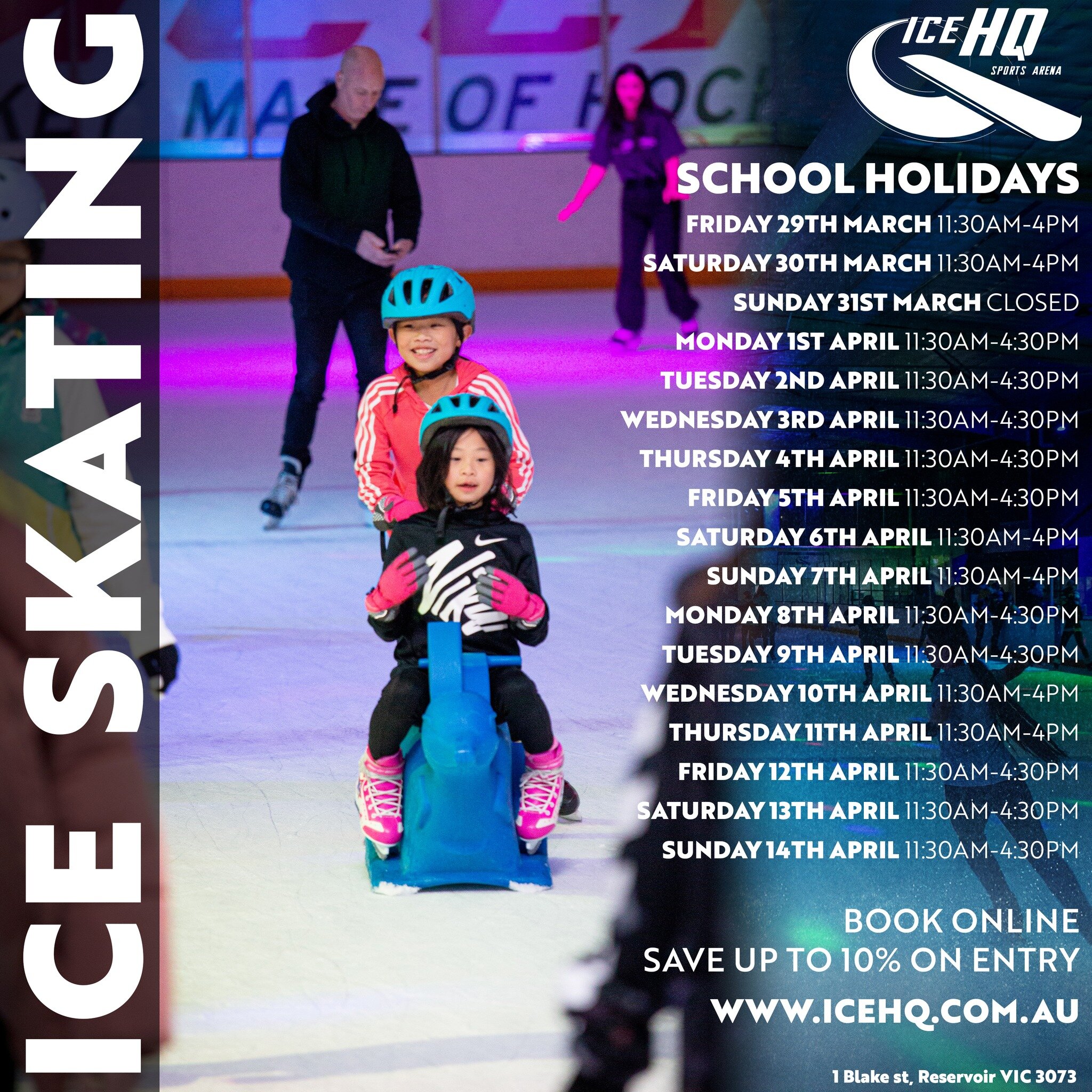 School Holiday ice skating 🤗⛸️
Book online to save up to 10% on entry prices

We'll be open everyday of the school holidays (except Easter Sunday)
Ice skating 11:30am-4:30pm with some days 11:30am-4pm book via our website for each day's specific ses