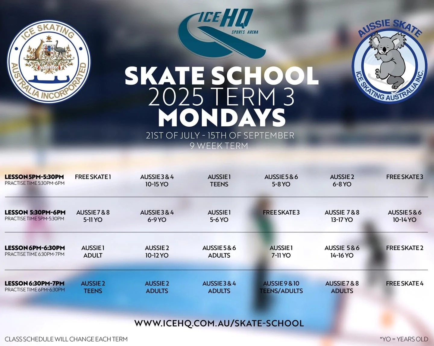 Skate School time tables are here ⛸️
Monday, Wednesday and Saturday classes start next week, have you enrolled for Term 3?

All ages, all levels we have a class for you ☺️

Aussie Skate School at iceHQ is the perfect program for aspiring figure skate