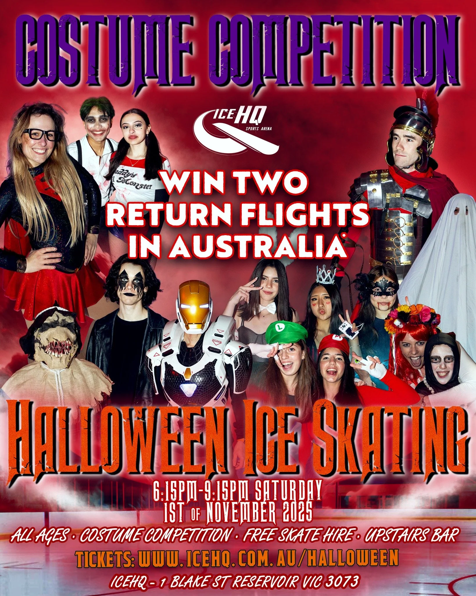 Win two return flights from Melbourne to your choice of capital city in Australia* 🏆1st Prize in our Costume competition✨ Dress to impress (or scare!) for a chance to win.
👻🎃 Get ready for a spooktacular night of ice skating ⛸️

📅 Saturday Novemb